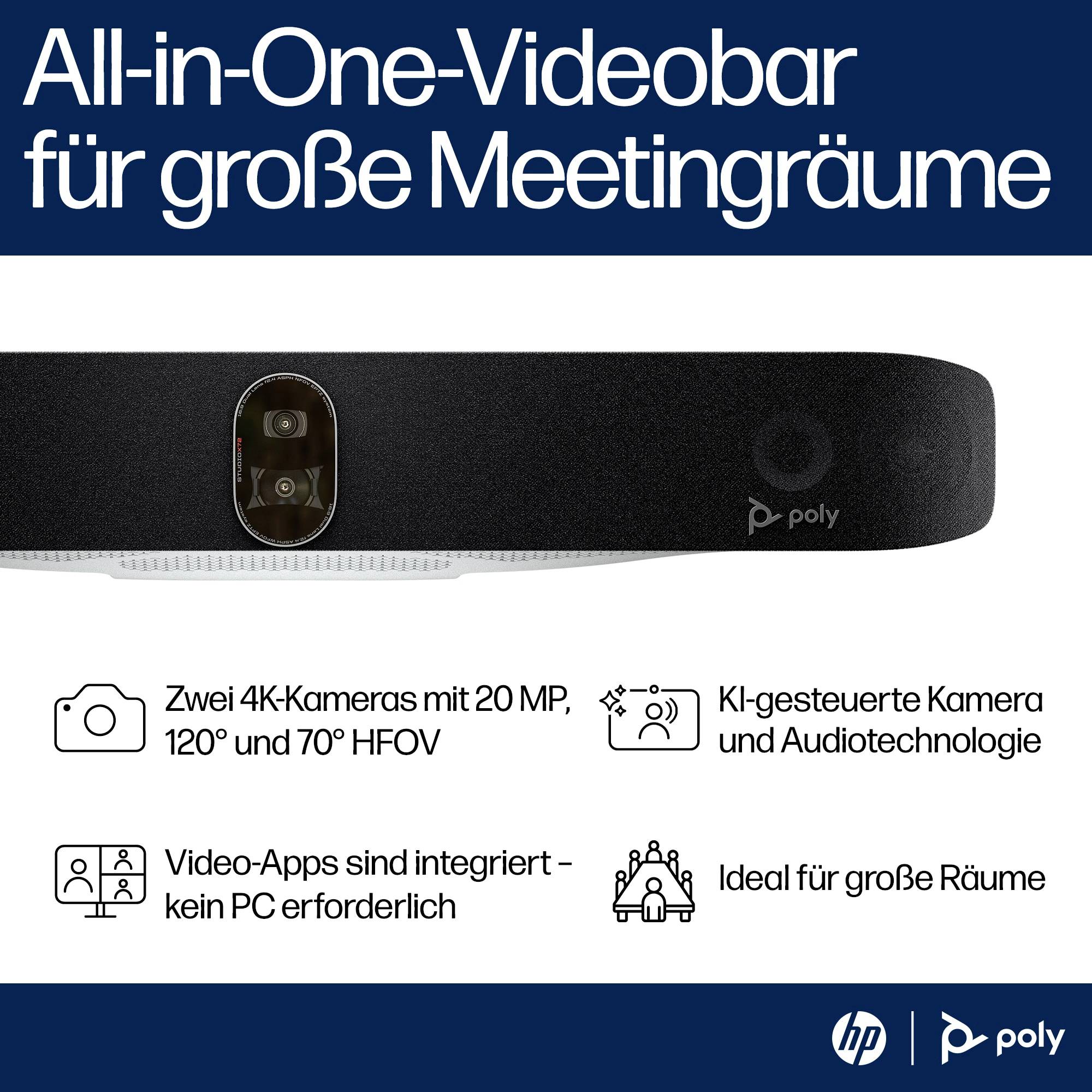'Všestranný videobar od společnosti Poly pro velké zasedací místnosti s 4K kamerou, audiotechnickým ovládáním a integrací počítače.'