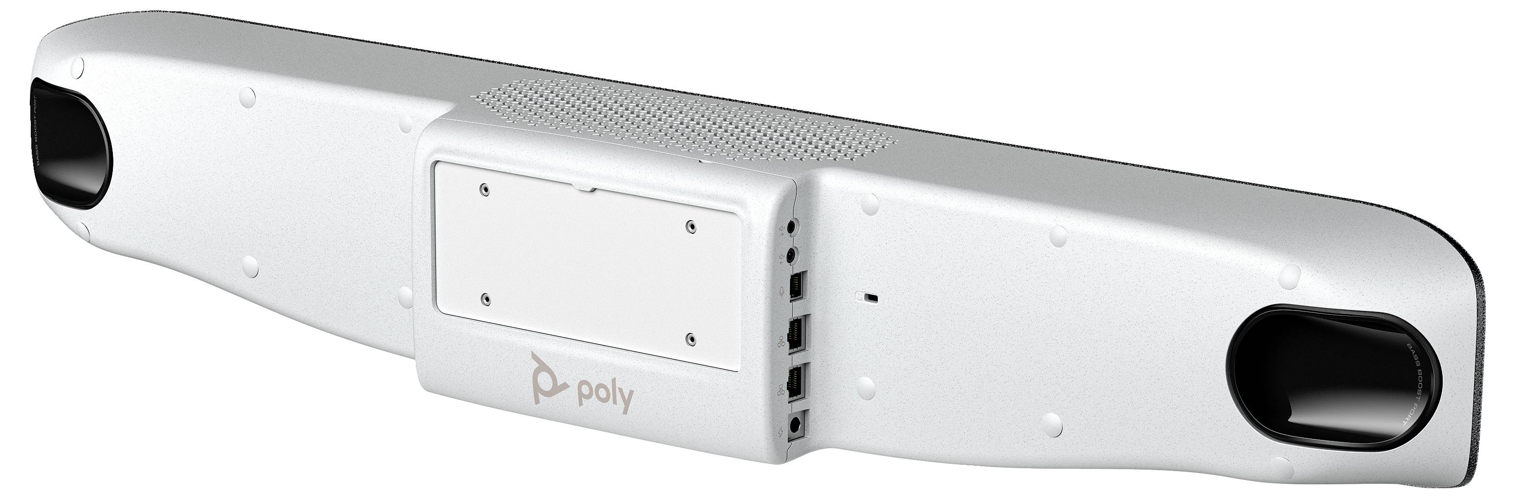 Bílý soundbar pro videokonference s reproduktory na koncích a přípojnými porty na zadní straně, označený logem 'Poly'.