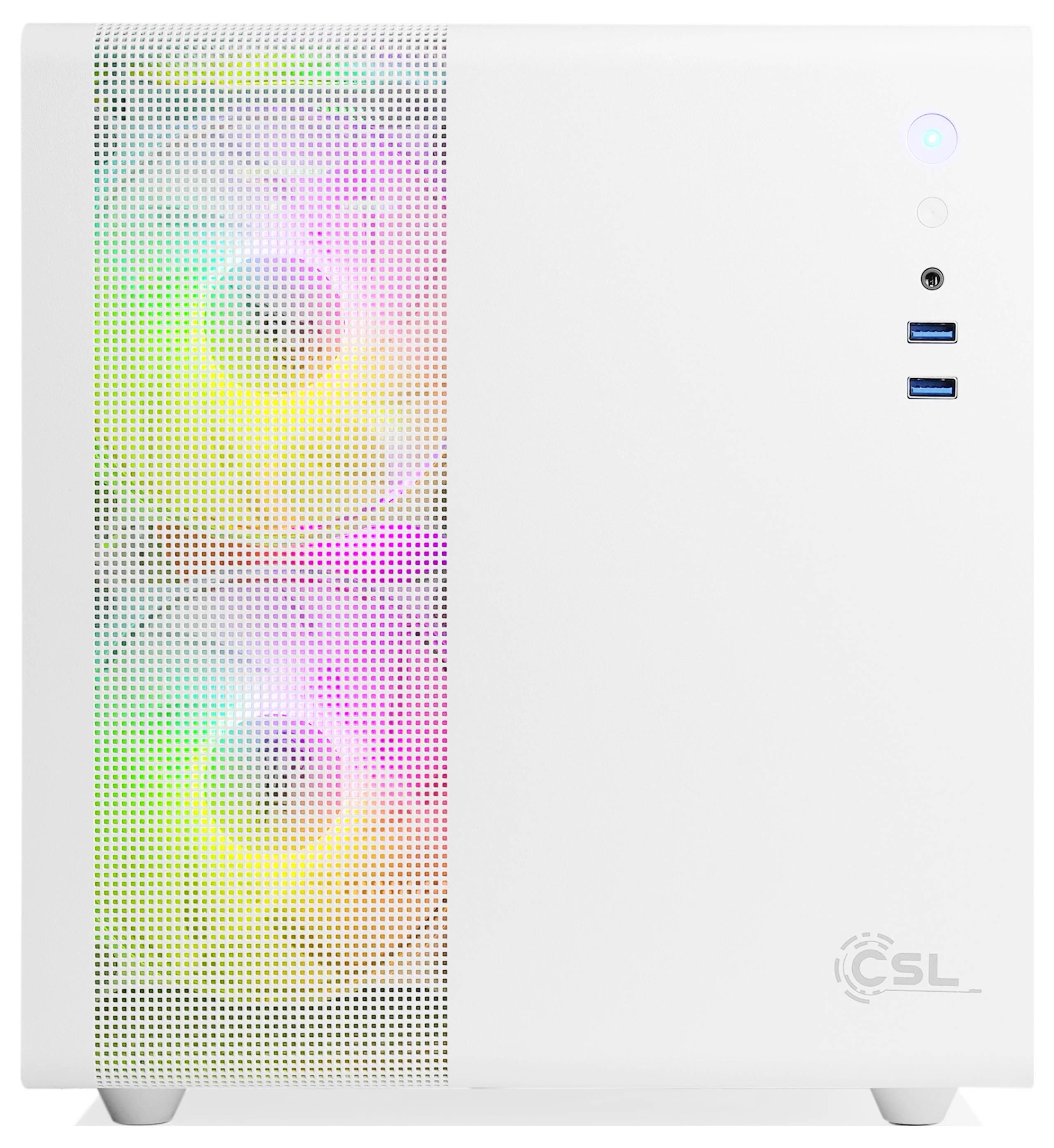Bílá PC skříň s čelním panelem z mřížky zobrazující barevné LED osvětlení. Pravá strana obsahuje vypínač a USB porty.