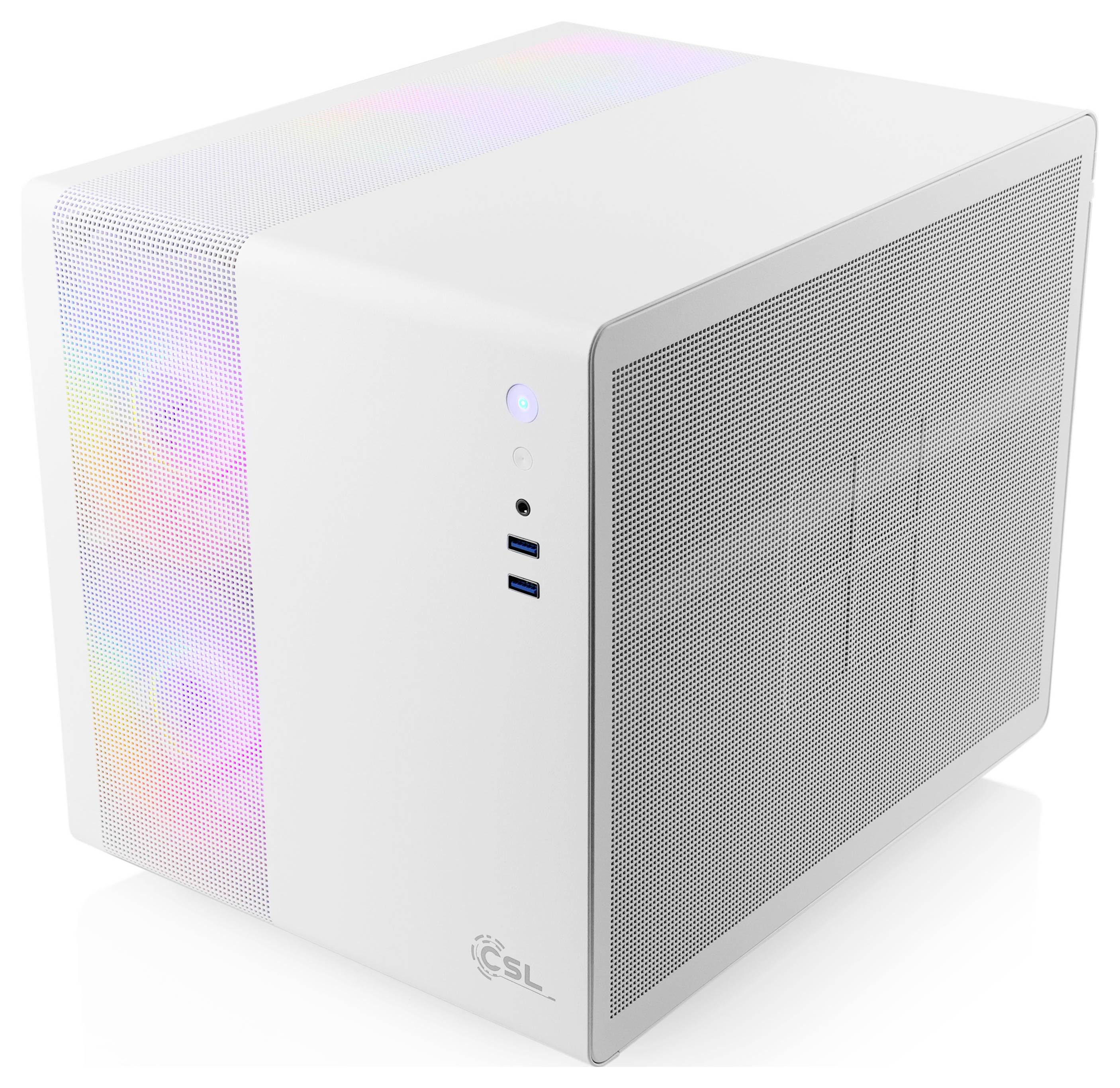 Bílý kompaktní počítačový case s barevnými LED ventilátory viditelnými skrz síťové panely, s USB porty a napájecím tlačítkem na přední straně.