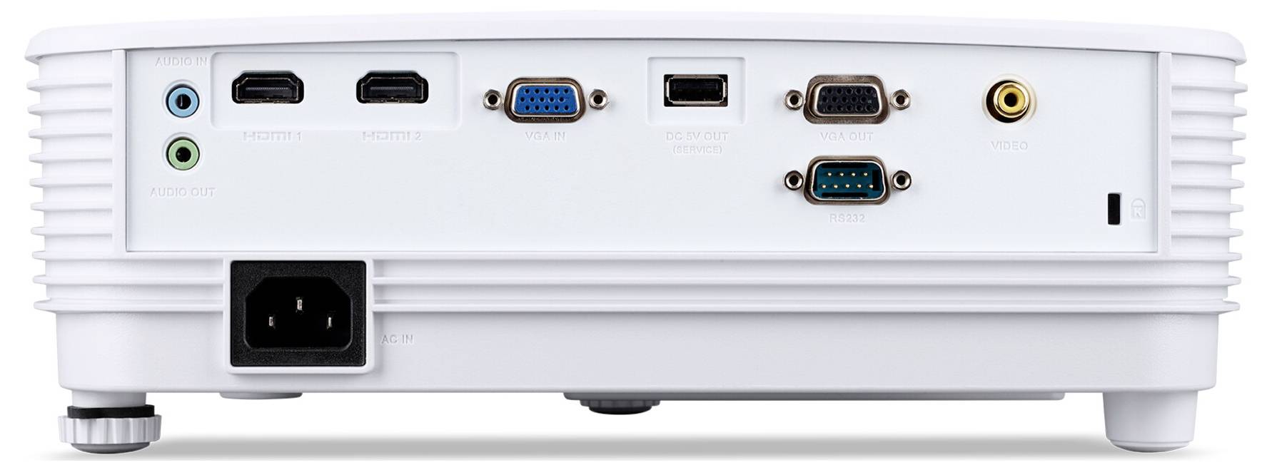 Zadní panel projektoru zobrazující různé porty: HDMI, VGA, USB, audio a napájecí zásuvku, ilustrující možnosti připojení.