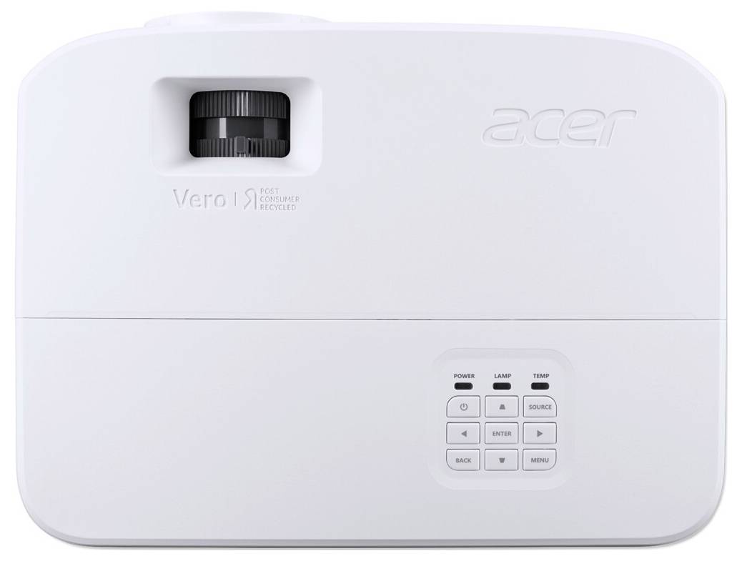 Bílý projektor Acer s ovládacími tlačítky na horní straně. Vyznačuje se designem z recyklovaného plastu, což je indikováno logem 'Vero'.