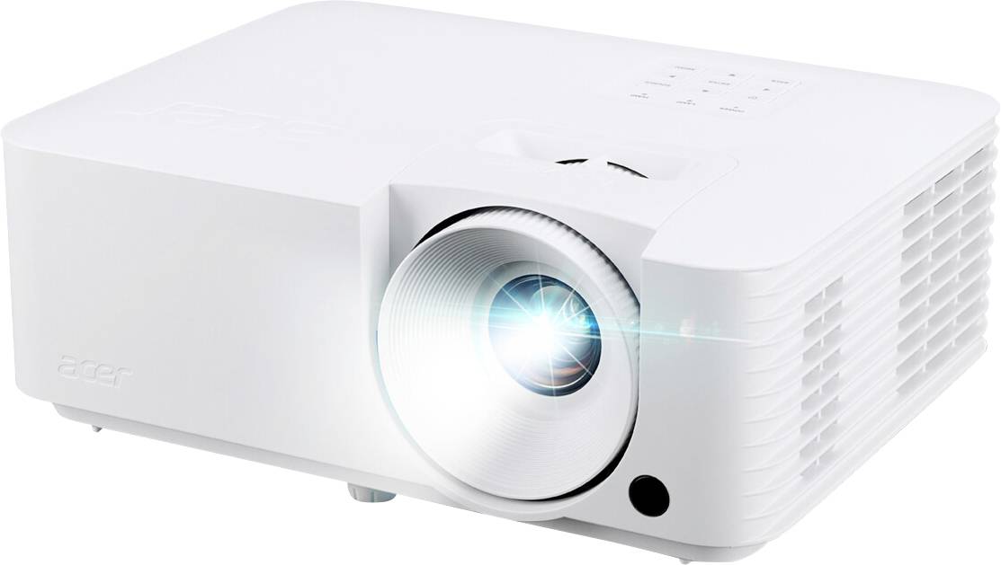 Bílý projektor s osvětlenou čočkou, promítající světlo dopředu. Zařízení má větrací otvory po stranách a ovládací tlačítka nahoře.