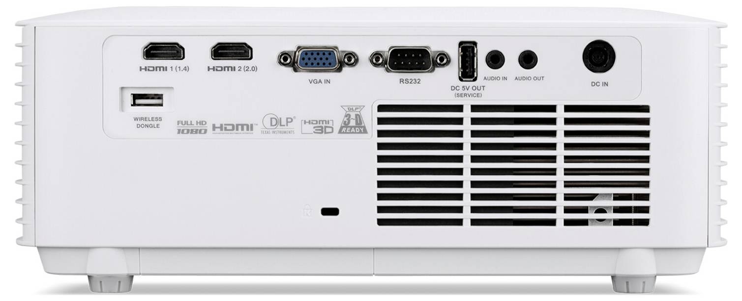 Pohled zezadu na bílý projektor zobrazující porty HDMI, VGA, RS232 a audio; obsahuje větrací mřížku pro chlazení.