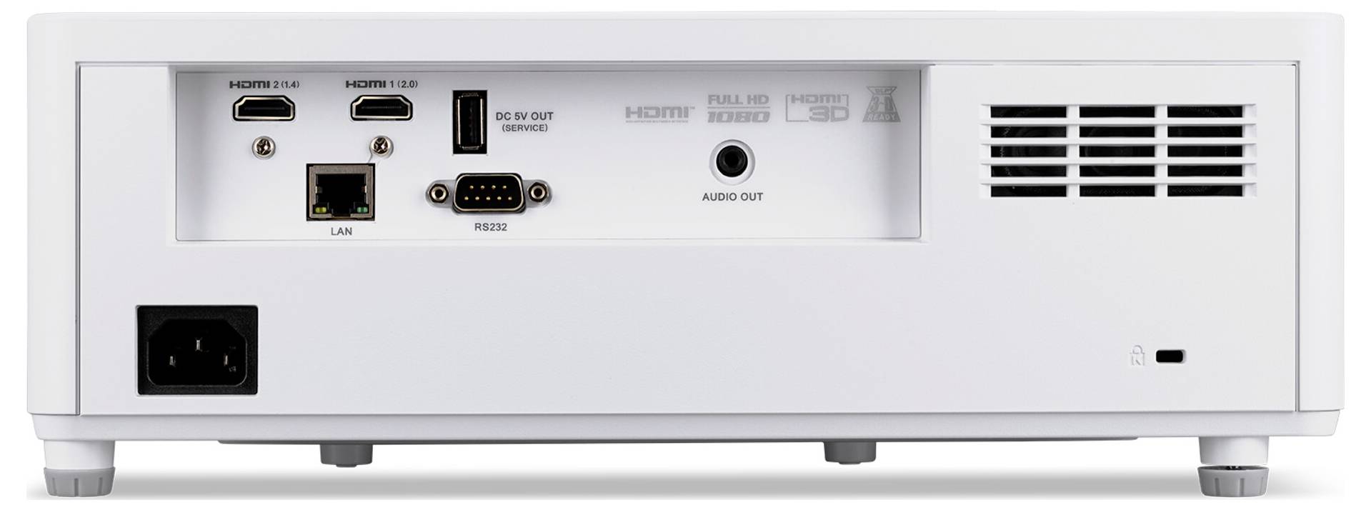 Zadní panel projektoru zobrazující různé porty: dva HDMI vstupy, LAN, RS232, audio výstup, servisní USB a napájecí vstup.
