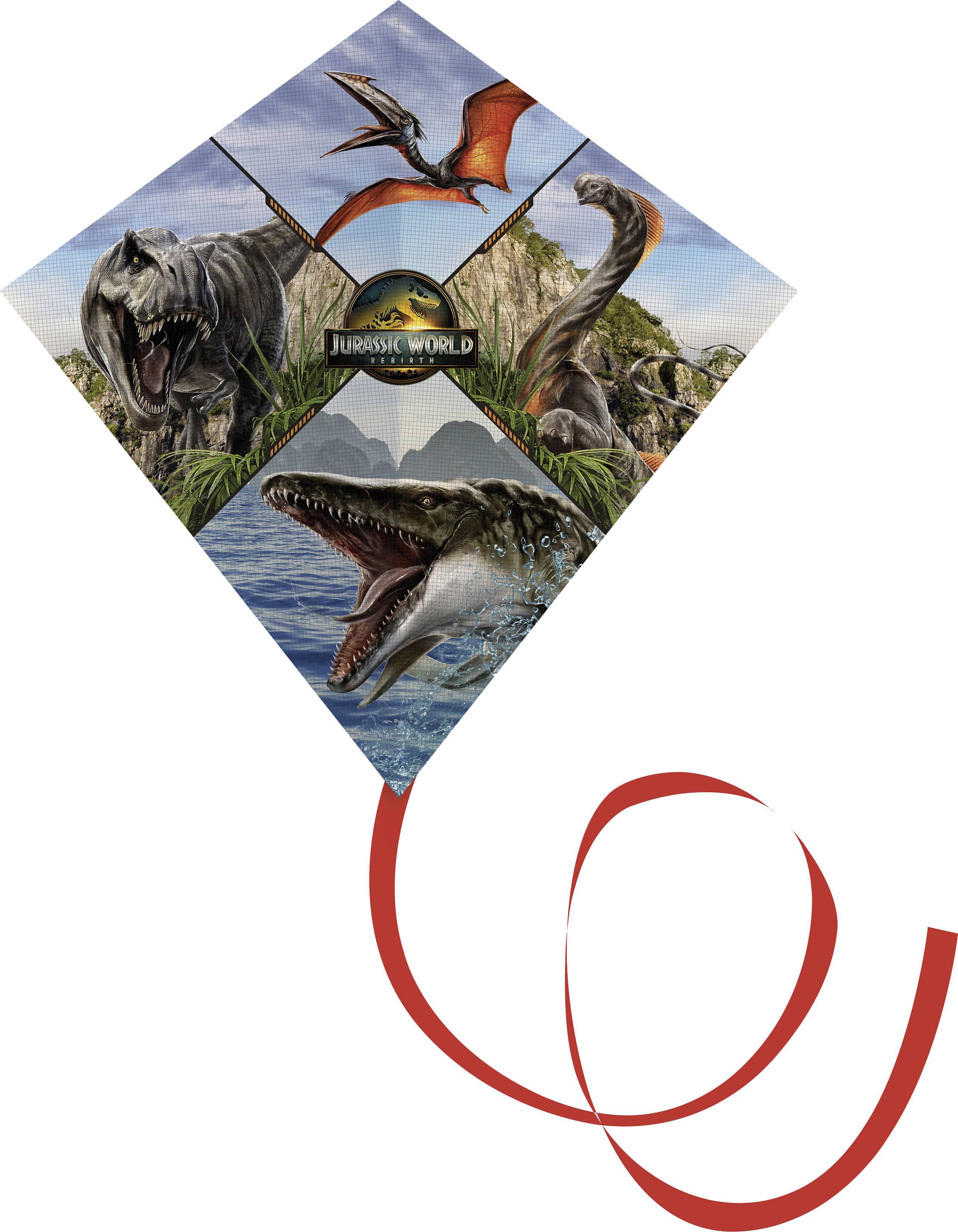 Draci s motivem 'Jurského světa', zobrazující dinosaury jako Brachiosaurus, Pteranodon a Mosasaurus před skalnatou krajinou.