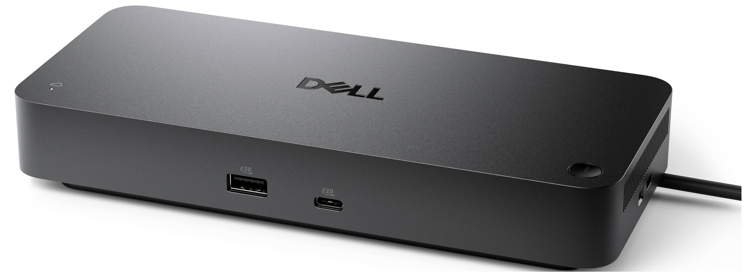 Černá dokovací stanice Dell s porty USB-A a USB-C na přední straně a připojeným kabelem na pravé straně.