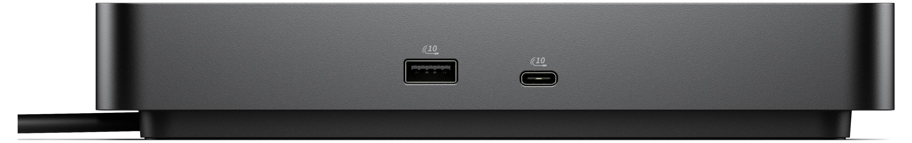 Přední pohled na černé zařízení zobrazující port USB-A a port USB-C na přední desce.