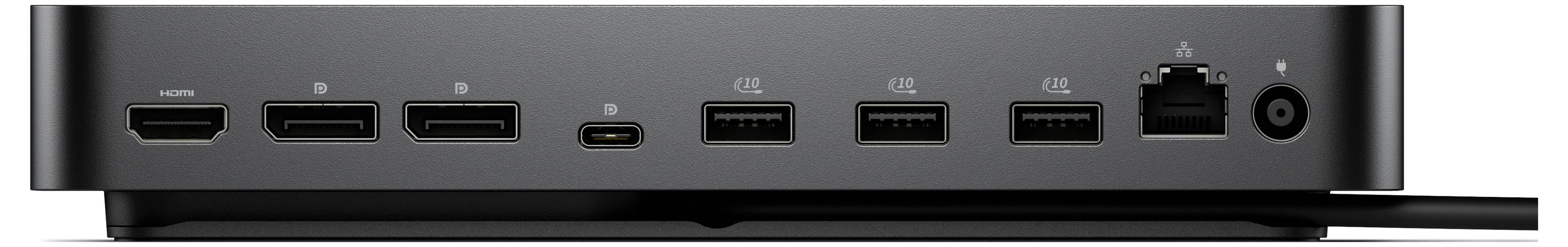 Detailní pohled na přední panel černého počítačového doku nebo rozbočovače s více porty, včetně HDMI, USB-A, USB-C, Ethernetu a audio jacku.