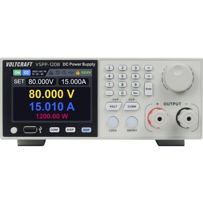 Napájecí zdroj Voltcraft VSPP-1208 DC s displejem zobrazujícím nastavení: 80,00 V, 15,00 A, 1200,0 W, s ovládacím panelem a výstupními porty.