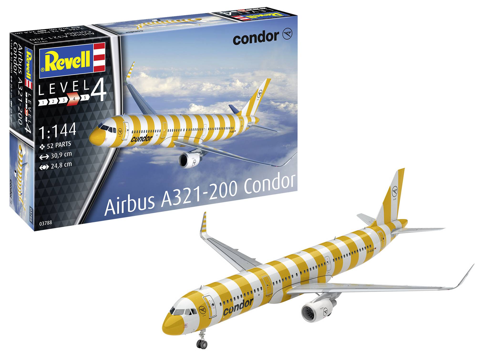 Model letadla Airbus A321-200 v designu společnosti Condor se žlutými pruhy. Včetně obalu s obrázkem hotového modelu. Měřítko 1:144.