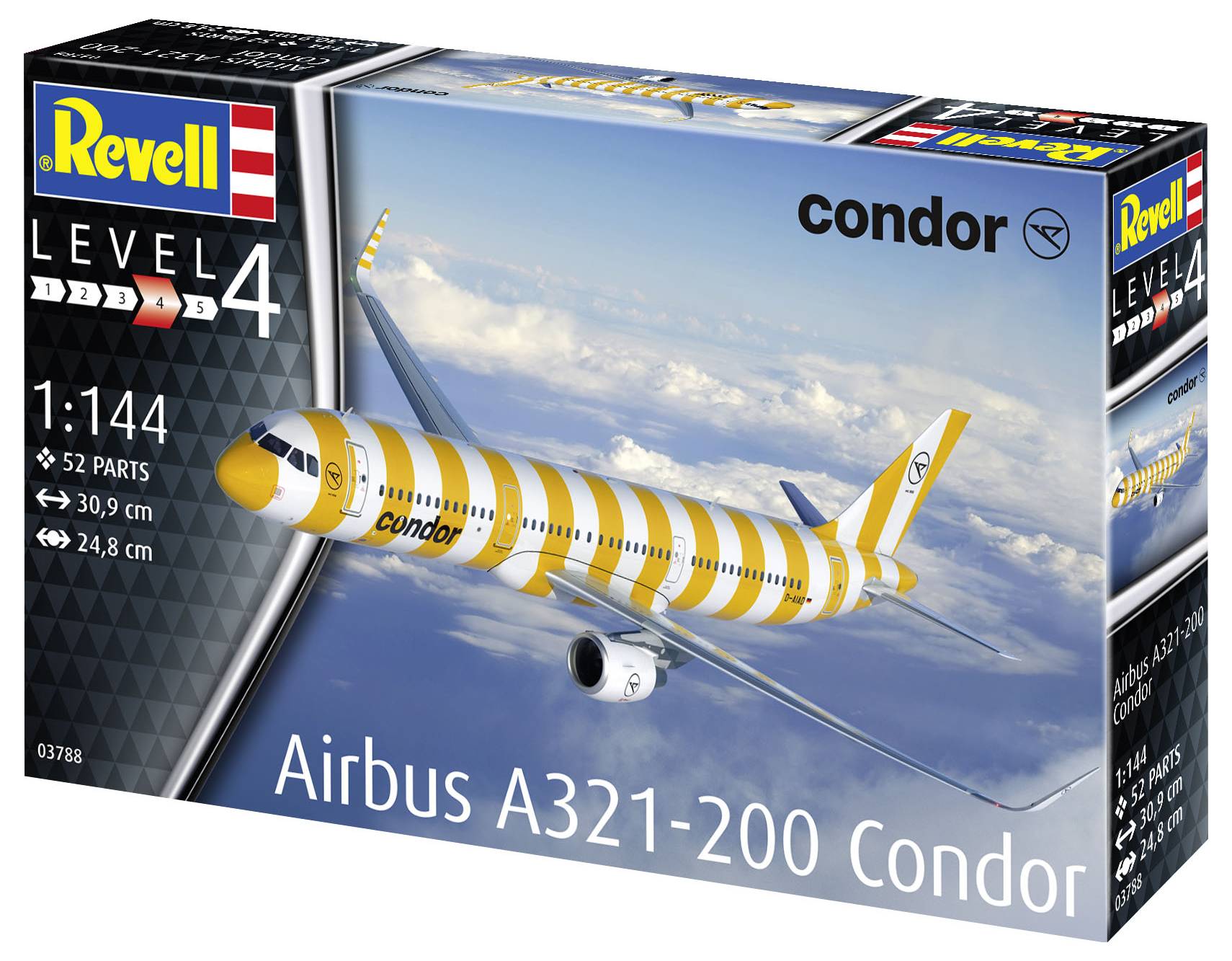 Stavebnicový model Revell zobrazuje žlutý model Airbusu A321-200 s logem Condor letící nad mraky. Měřítko 1:144, 52 dílů.