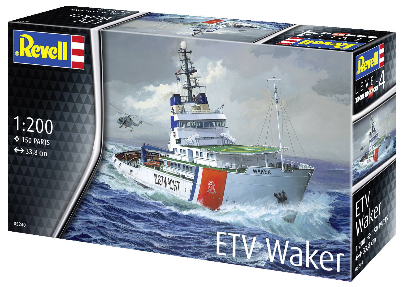 Revell modelářská sada pobřežní stráže 'ETV Waker' v měřítku 1:200. Krabice zobrazuje loď v rozbouřeném moři s vrtulníkem.