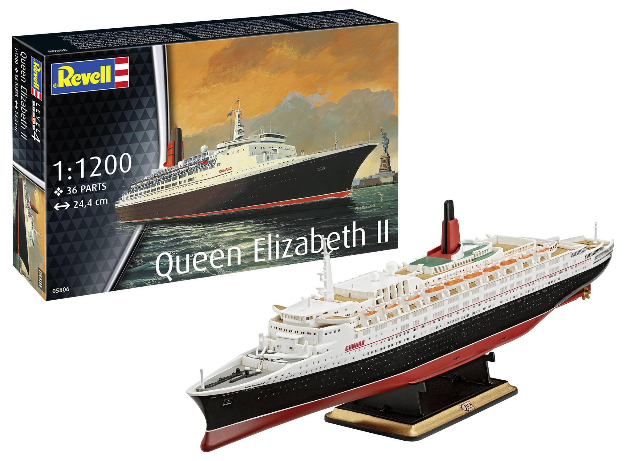 Model lodi Queen Elizabeth II v měřítku 1:1200. Obal obsahuje ilustraci lodi.