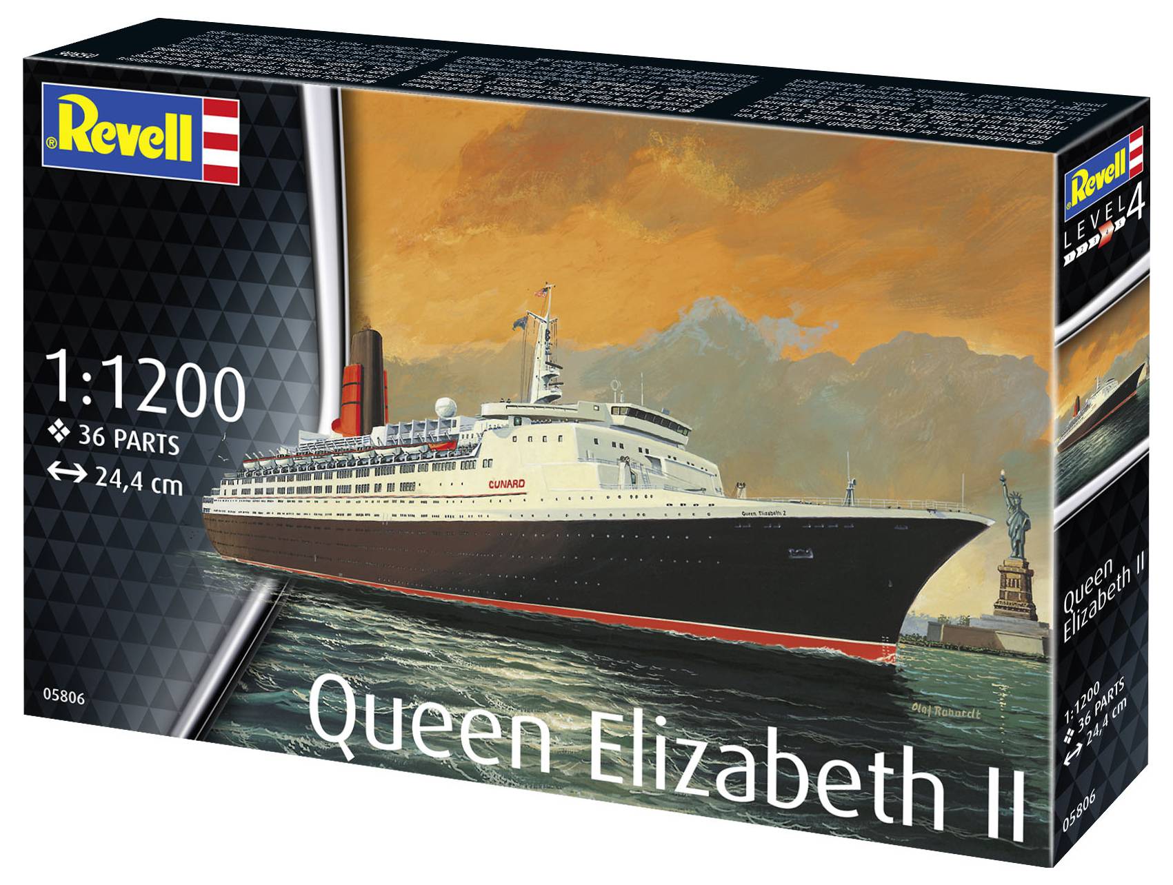 Modelářská sada lodě 'Queen Elizabeth II' od Revell, měřítko 1:1200, 36 dílů, hotová délka 24,4 cm, obrázek zobrazuje loď před Sochou svobody.