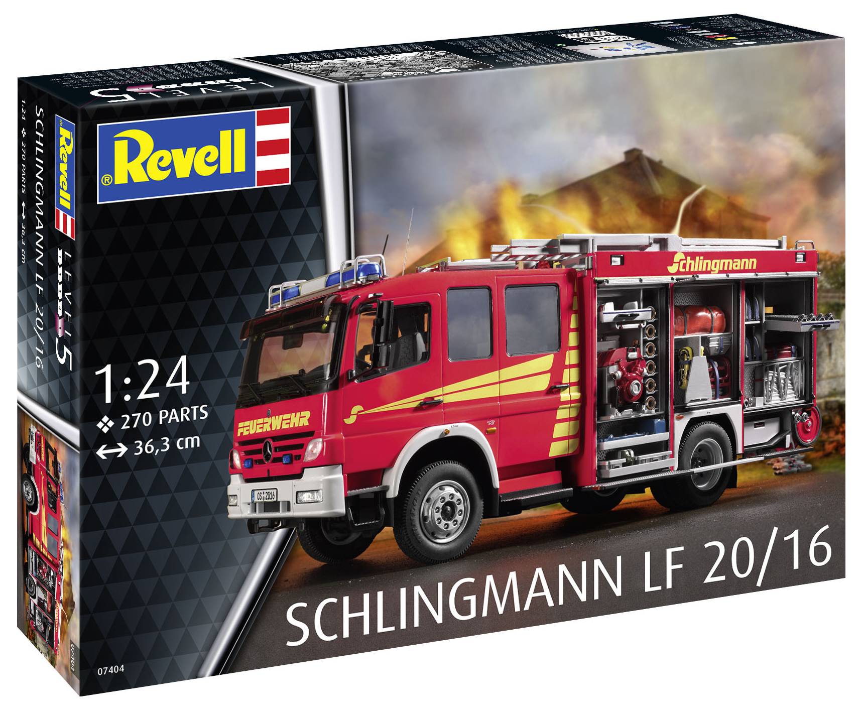 Model hasičského vozu značky Schlingmann LF 20/16 v červené barvě; měřítko 1:24; 270 dílů; v pozadí hořící dům.