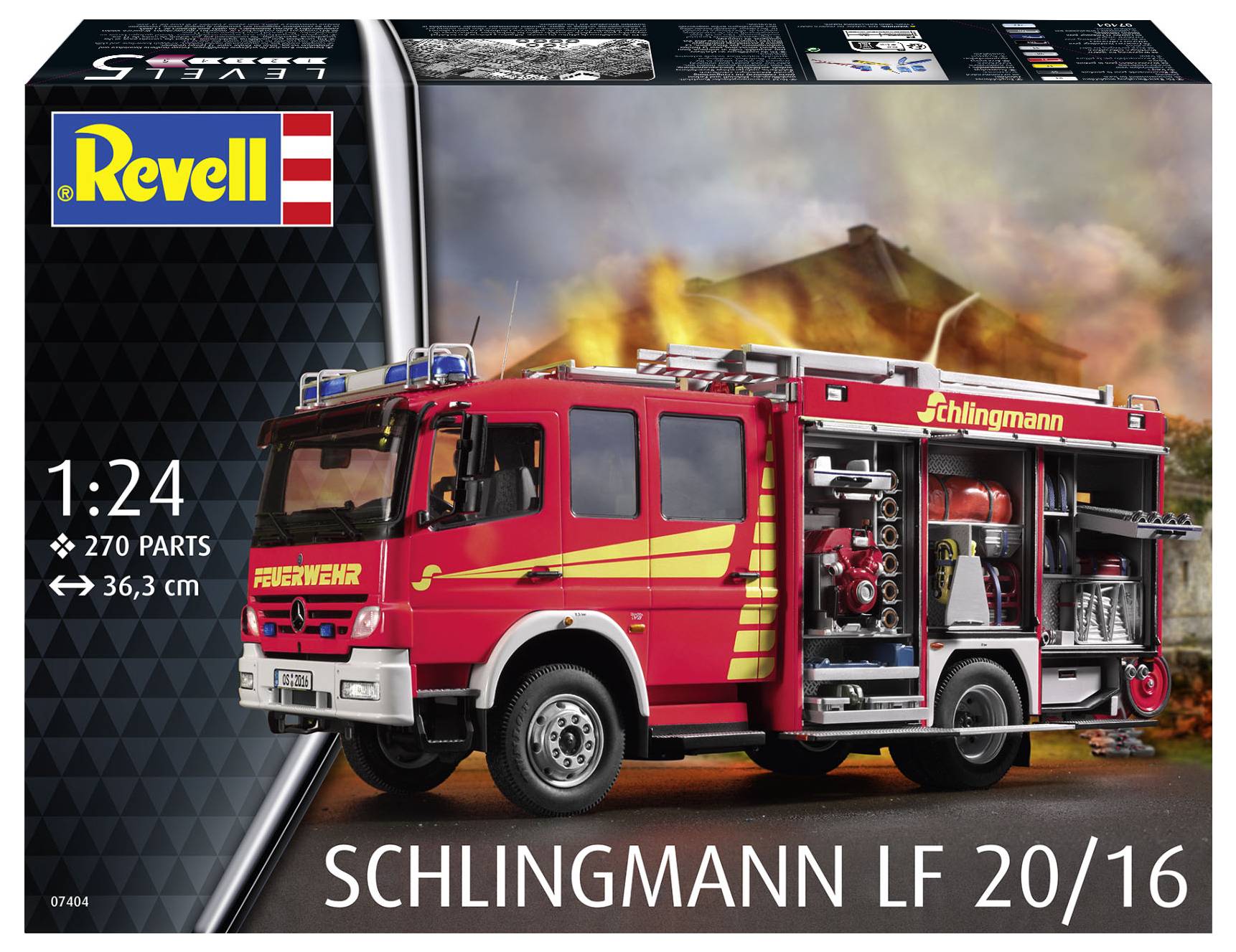 Model hasičského vozu Revell, měřítko 1:24, Schlingmann LF 20/16. Obal zobrazuje detailní vozidlo před hořícím pozadím.