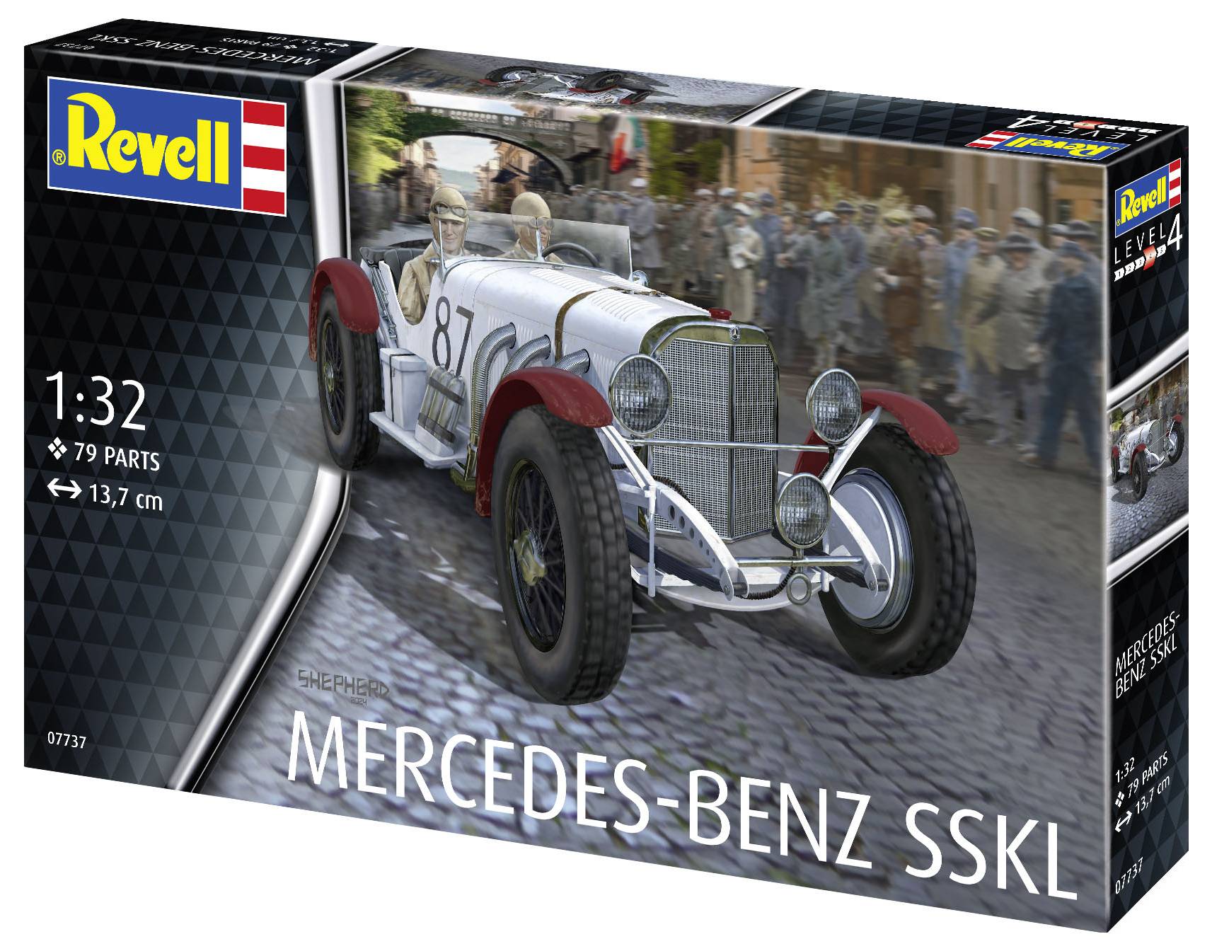 Stavebnice Mercedes-Benz SSKL závodního vozu v měřítku 1:32, obsahující 79 dílů. Balení zobrazuje model a historickou závodní scénu.