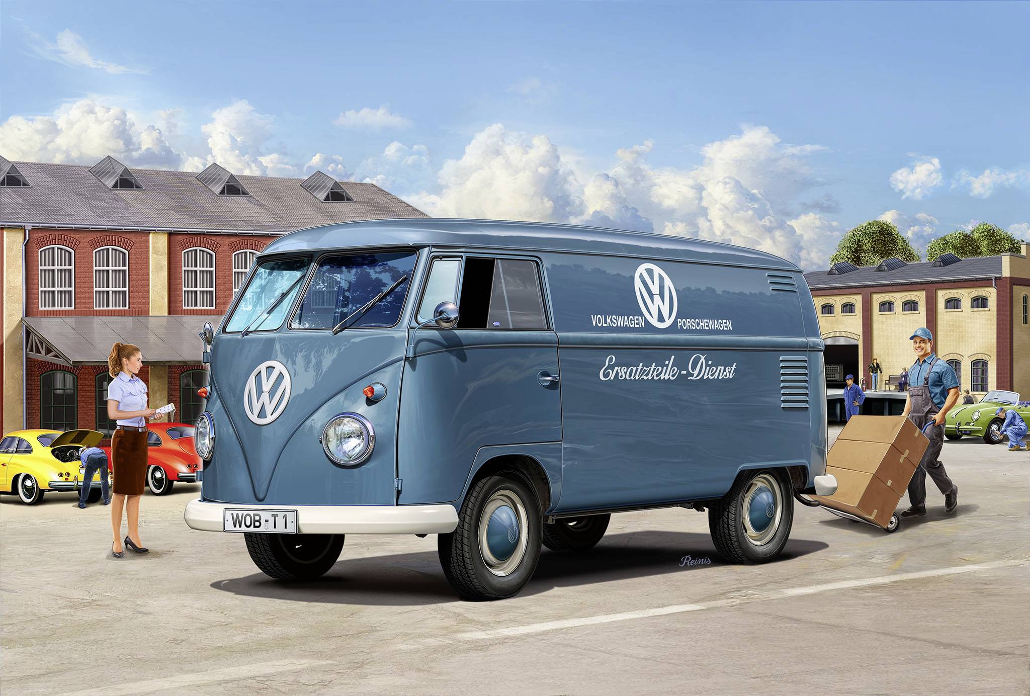 Modrý dodávkový vůz s nápisem 'Servis náhradních dílů' a logem Volkswagen stojí před budovou. Jedna osoba nakládá karton.