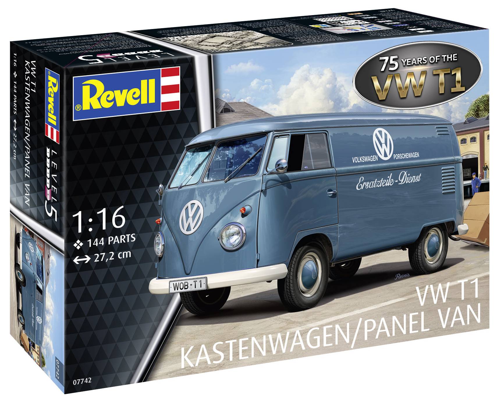 Modelářská sada Revell: VW T1 dodávkový vůz v měřítku 1:16, 144 dílů. Modrý lak s nápisem "Volkswagen Service".