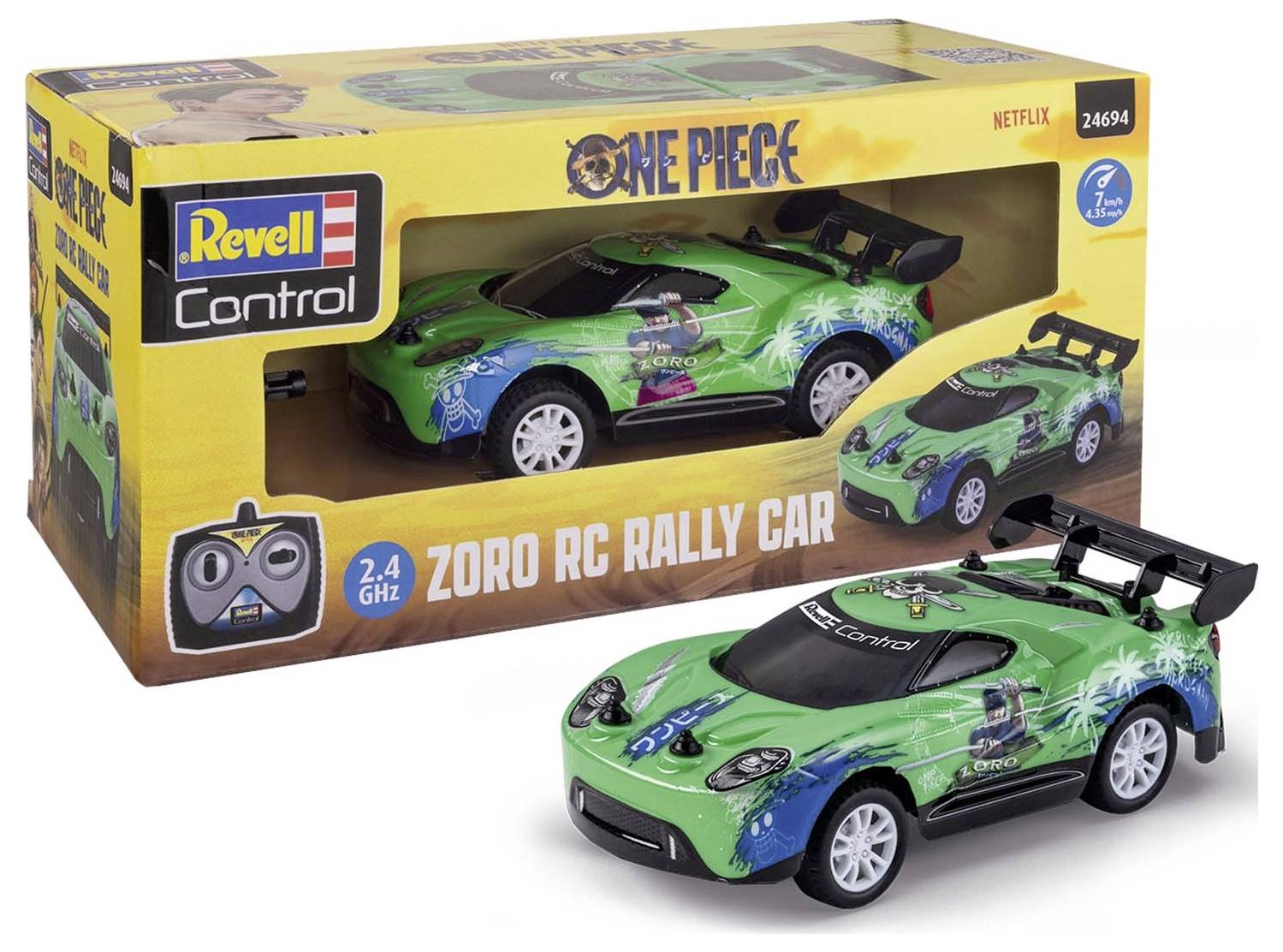 Zelené RC rally auto s designem 'One Piece' před svým obalem. Určeno pro děti od 7 let, ovládáno dálkovým ovladačem s frekvencí 2,4 GHz.