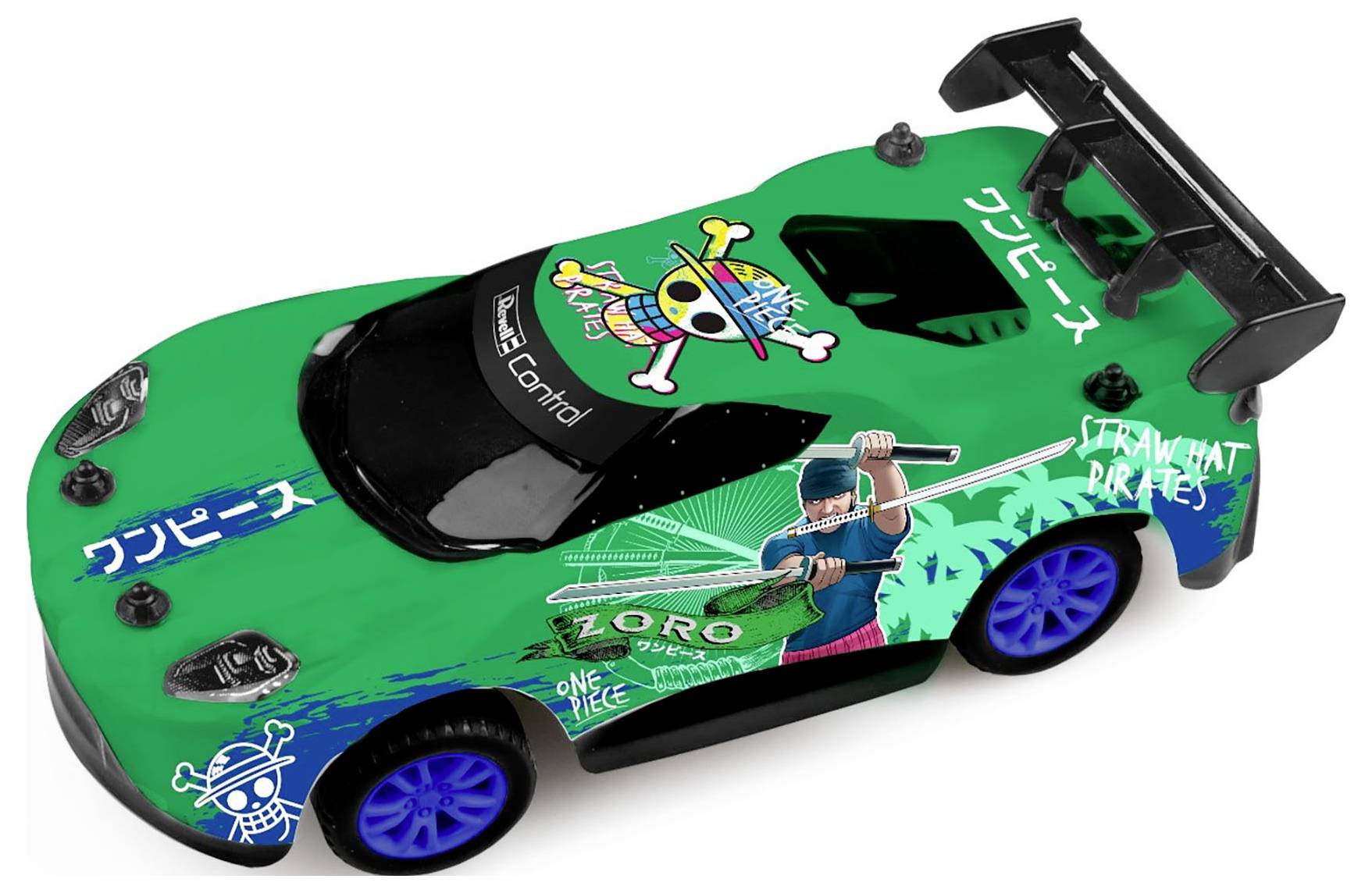 Zelené hračkářské auto s motivem 'One Piece', které zobrazuje 'Zora' a pirátské symboly. Černý spoiler, modrá kola.