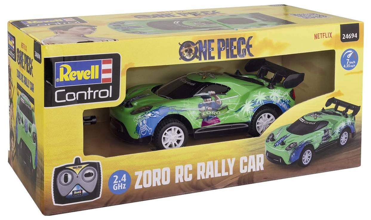 Revell Control 'Zoro RC Rally Car' v zeleném designu ze série 'One Piece'. Obal zobrazuje dálkově ovládané auto a dálkový ovladač.