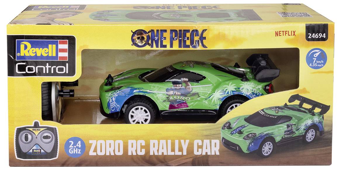 Balení s rádiem řízeným modelem autíčka ve stylu One Piece, zelené auto s motivem palem, značka 'Revell Control'.