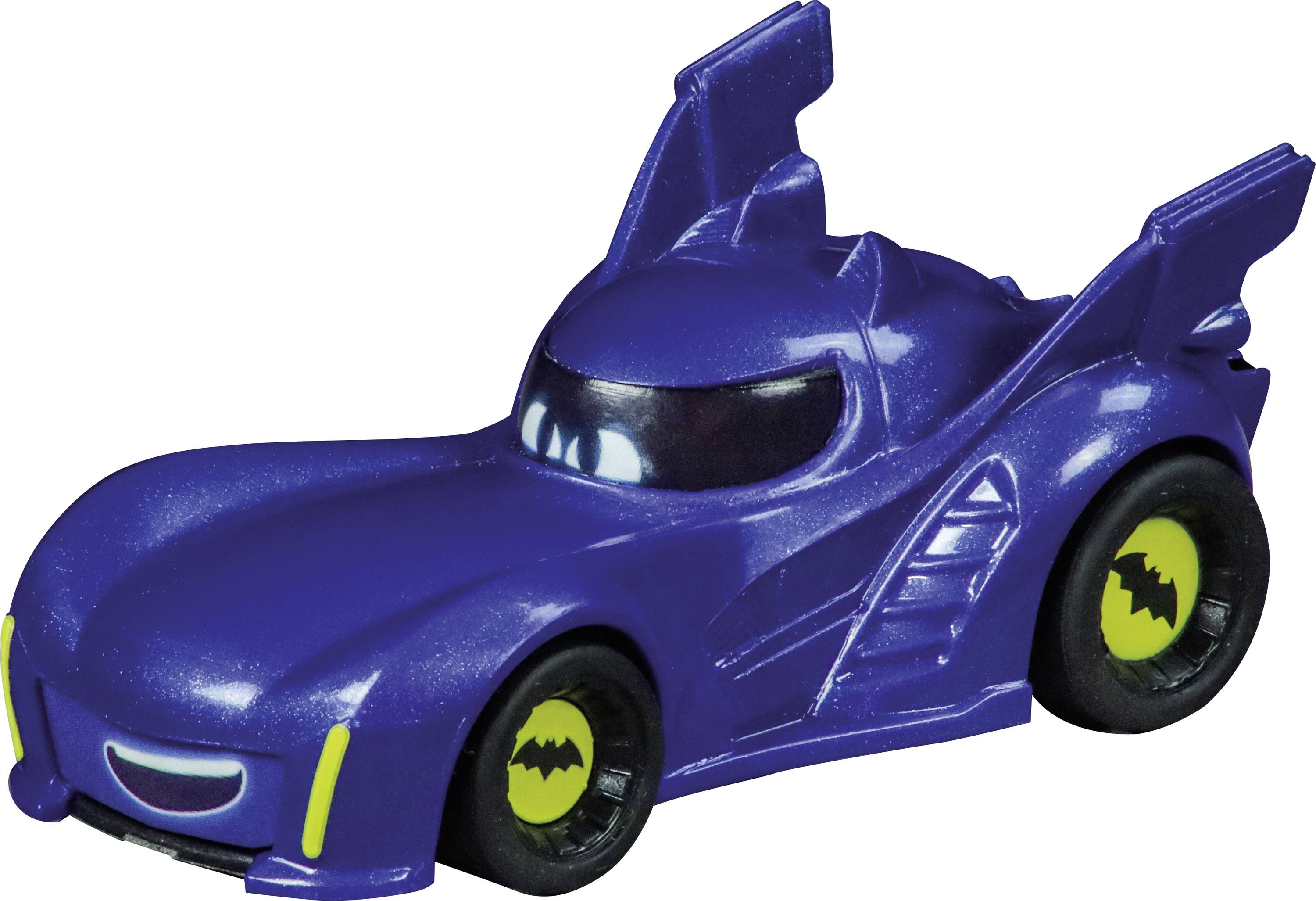 Modré hračkové auto s futuristickým designem, žlutými světlomety a Bat symbolem na kolech.