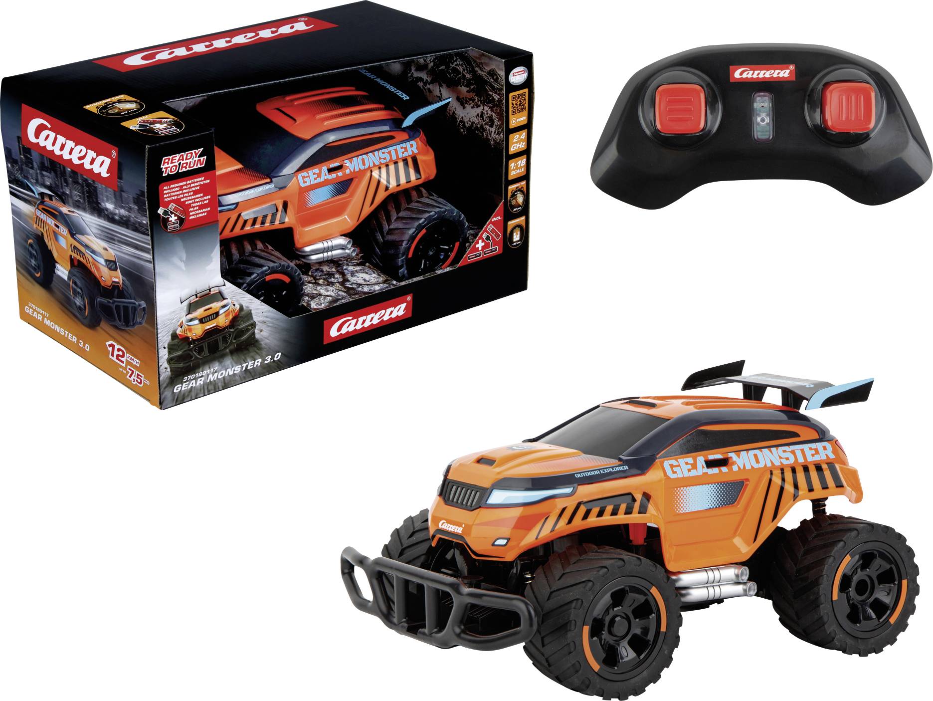 Dálkově ovládané oranžové auto s velkými pneumatikami, nápis 'Gear Monster'. Obal a dálkový ovladač jsou rovněž zobrazeny.