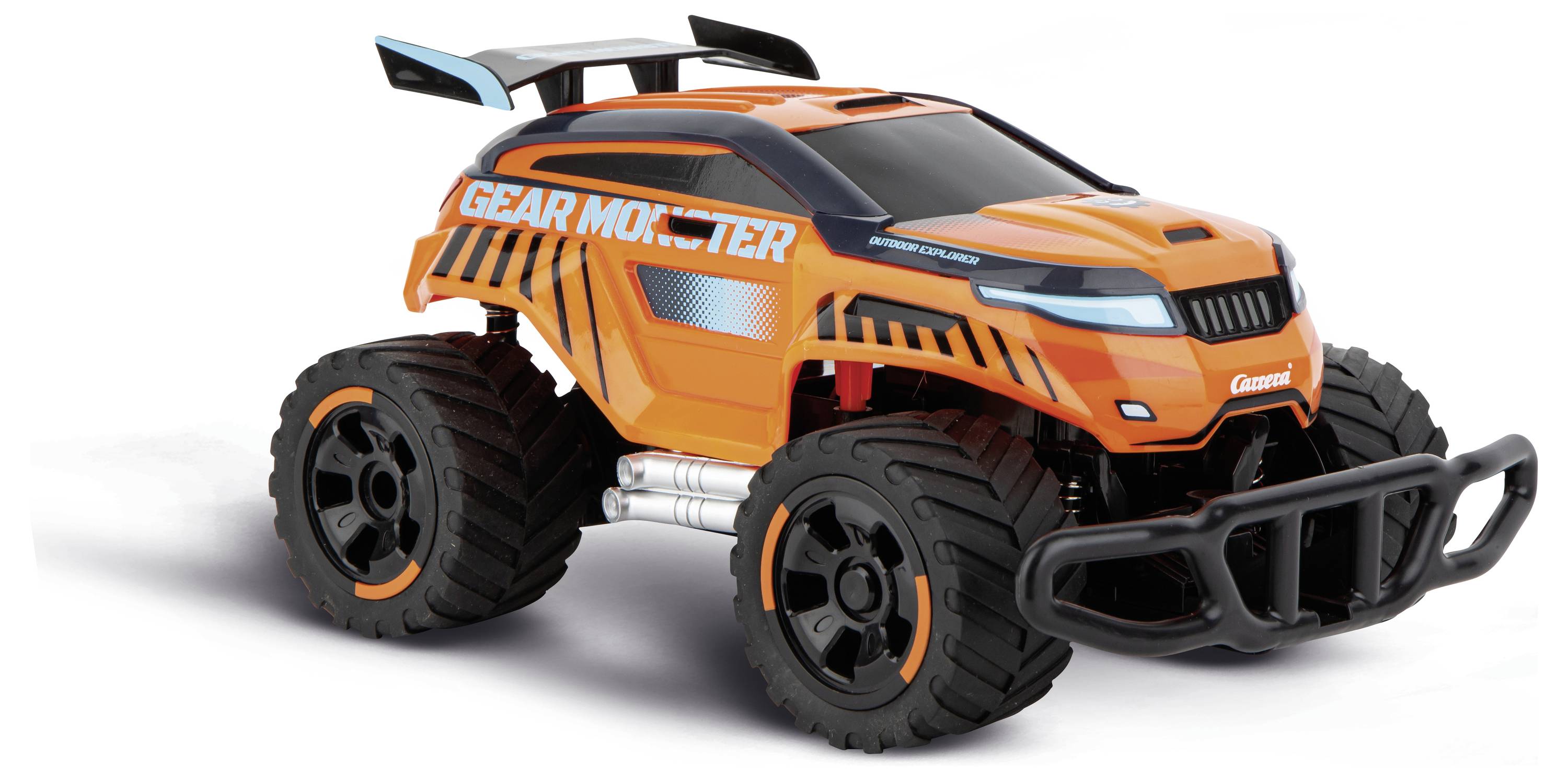Oranžovo-černé modelové auto v stylu monster trucku s obrovskými koly a nápisem 'Gear Monster' na boku.