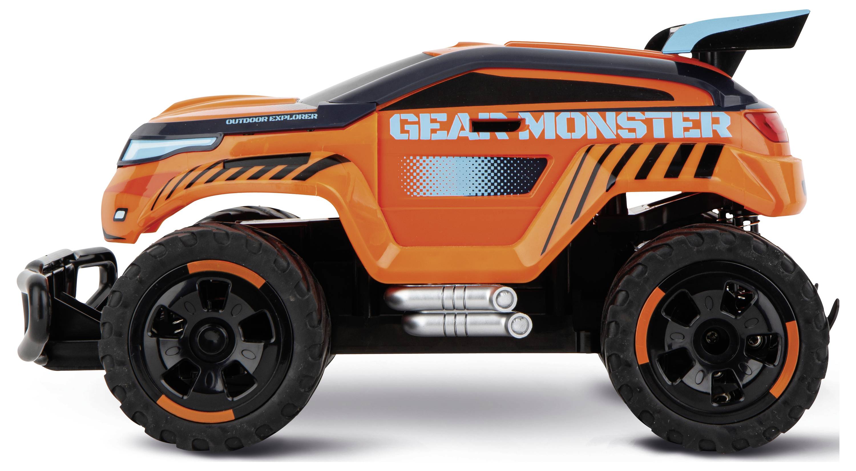 Oranžové hračkářské auto s nápisem 'Gear Monster' na boku. Má velká kola a sportovní design.