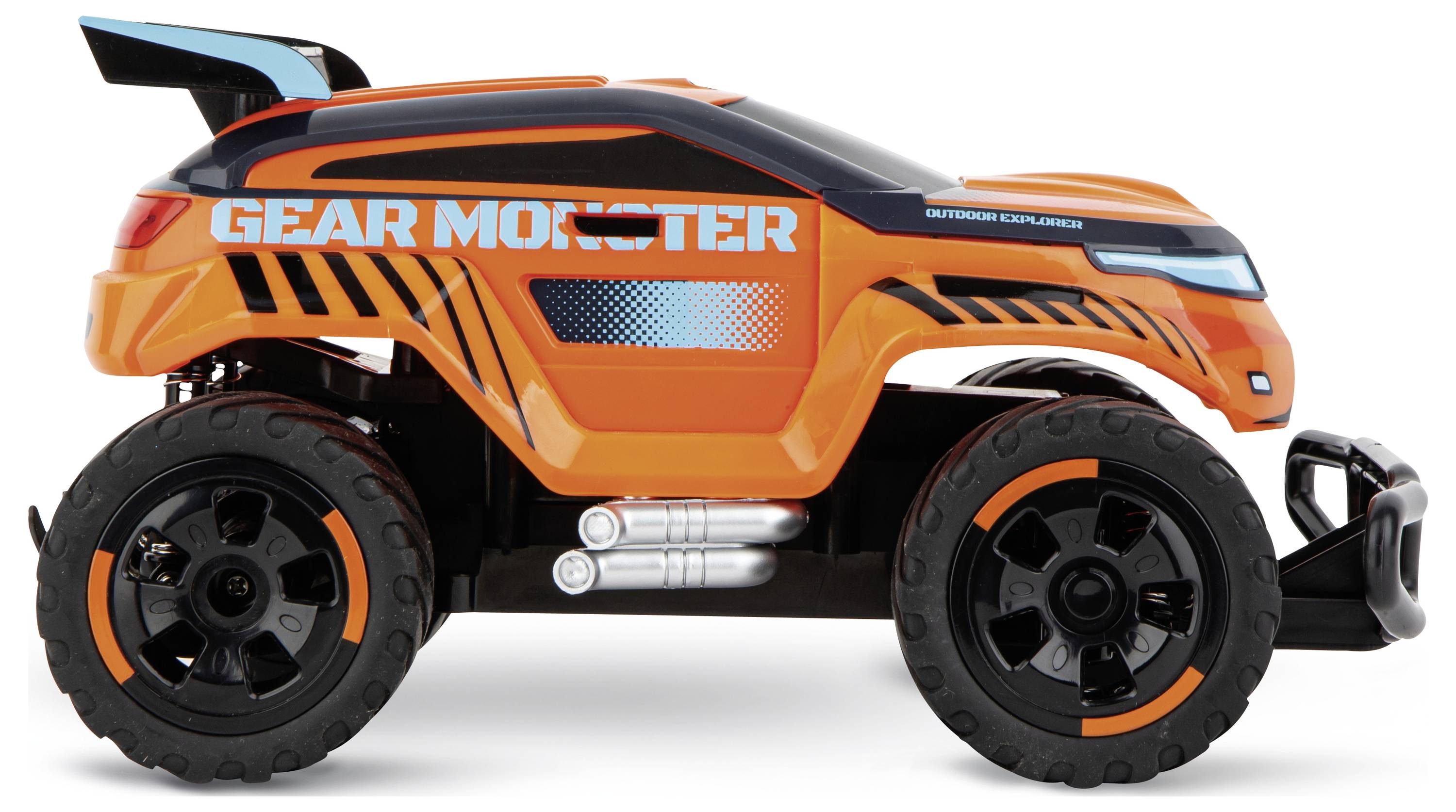Hračkářský terénní vůz v oranžové barvě s velkými černými pneumatikami a nápisem 'Gear Monster' na boku.