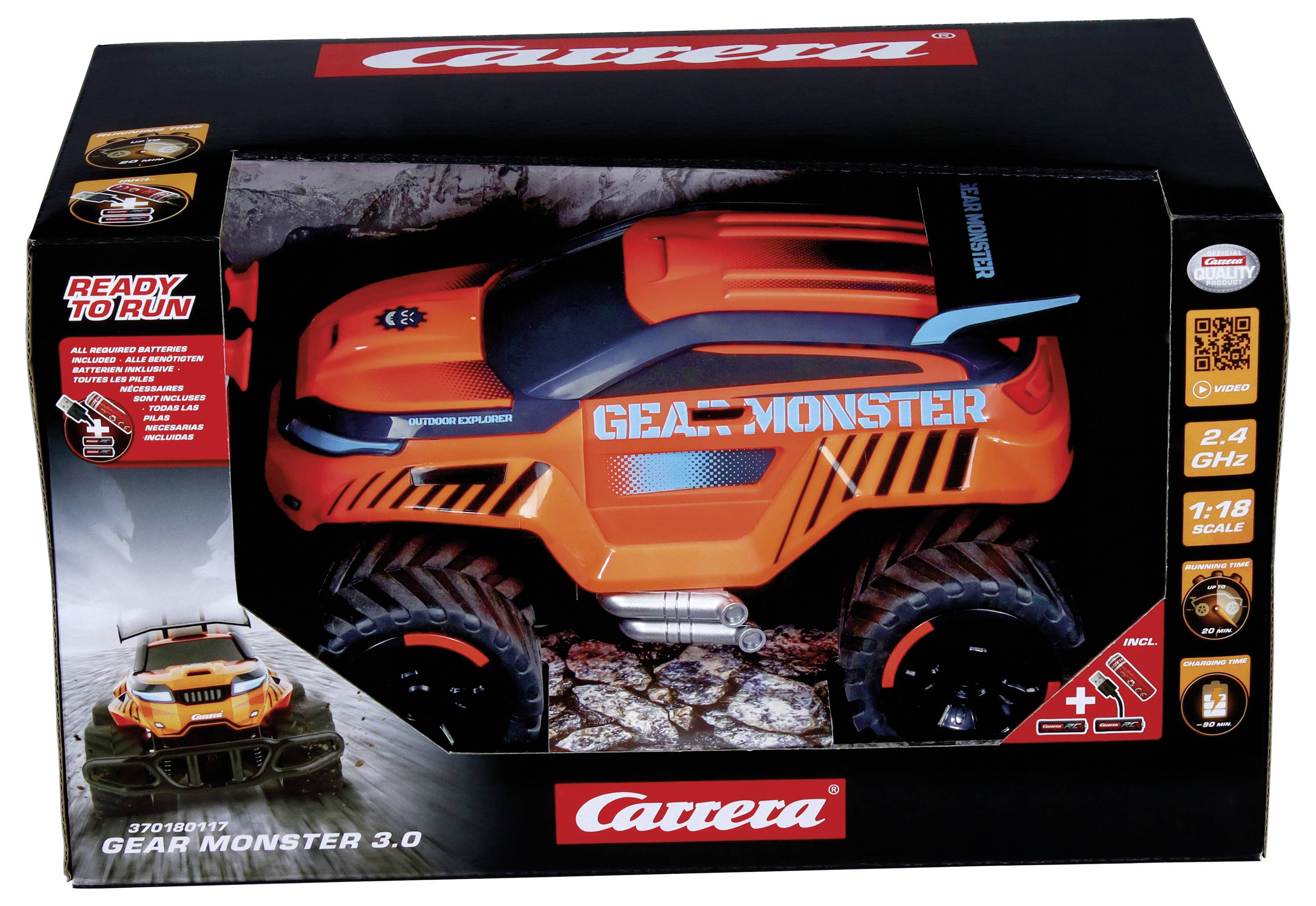Hračkářské auto 'Gear Monster 3.0' v obalu, měřítko 1:18, na dálkové ovládání, červené barvy s velkými pneumatikami, připravené ke hře.