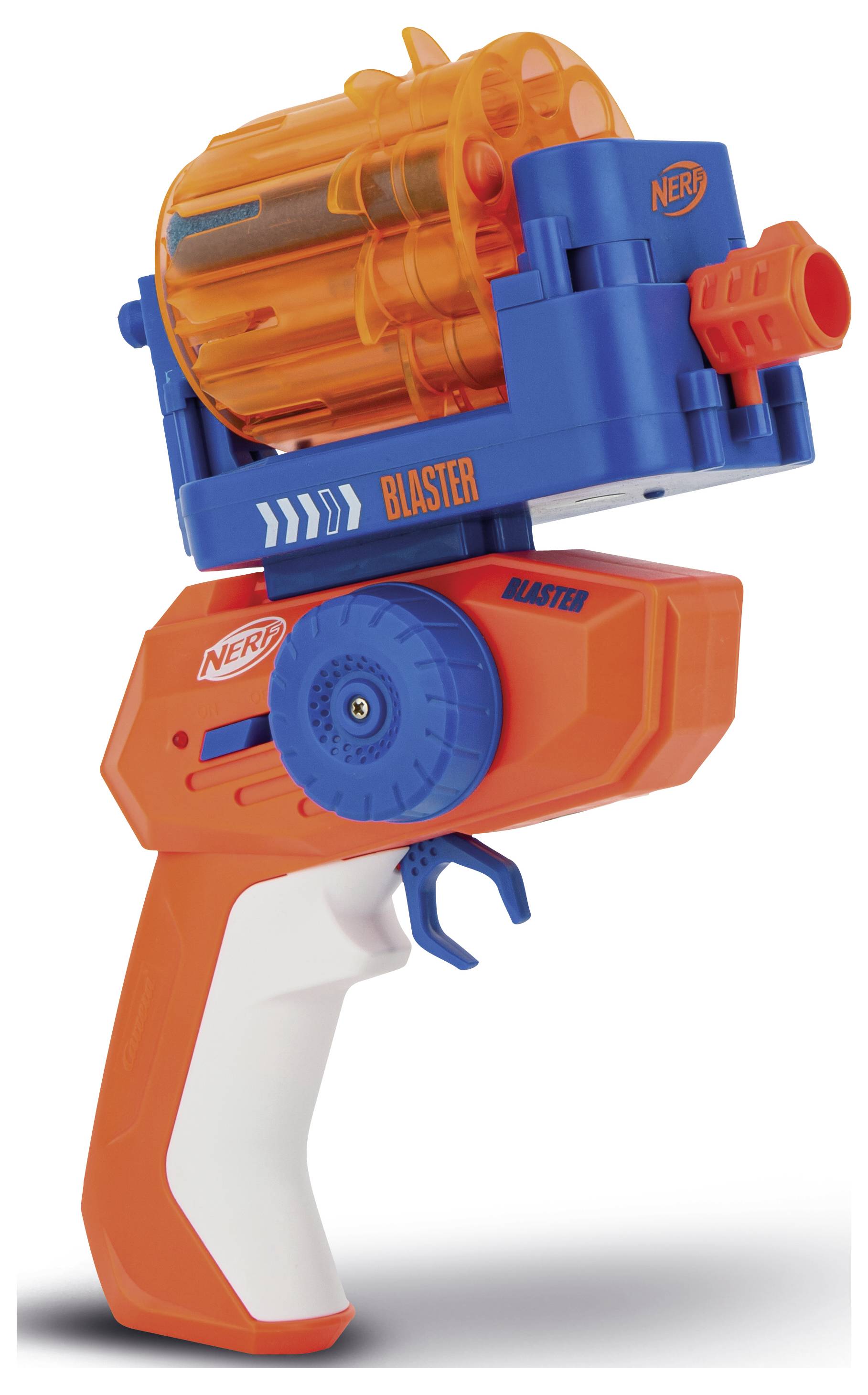 Oranžovo-modrý hračkářský blaster s rotačním bubnovým zásobníkem, vhodný pro volnočasové aktivity a hry ve venkovním prostředí.