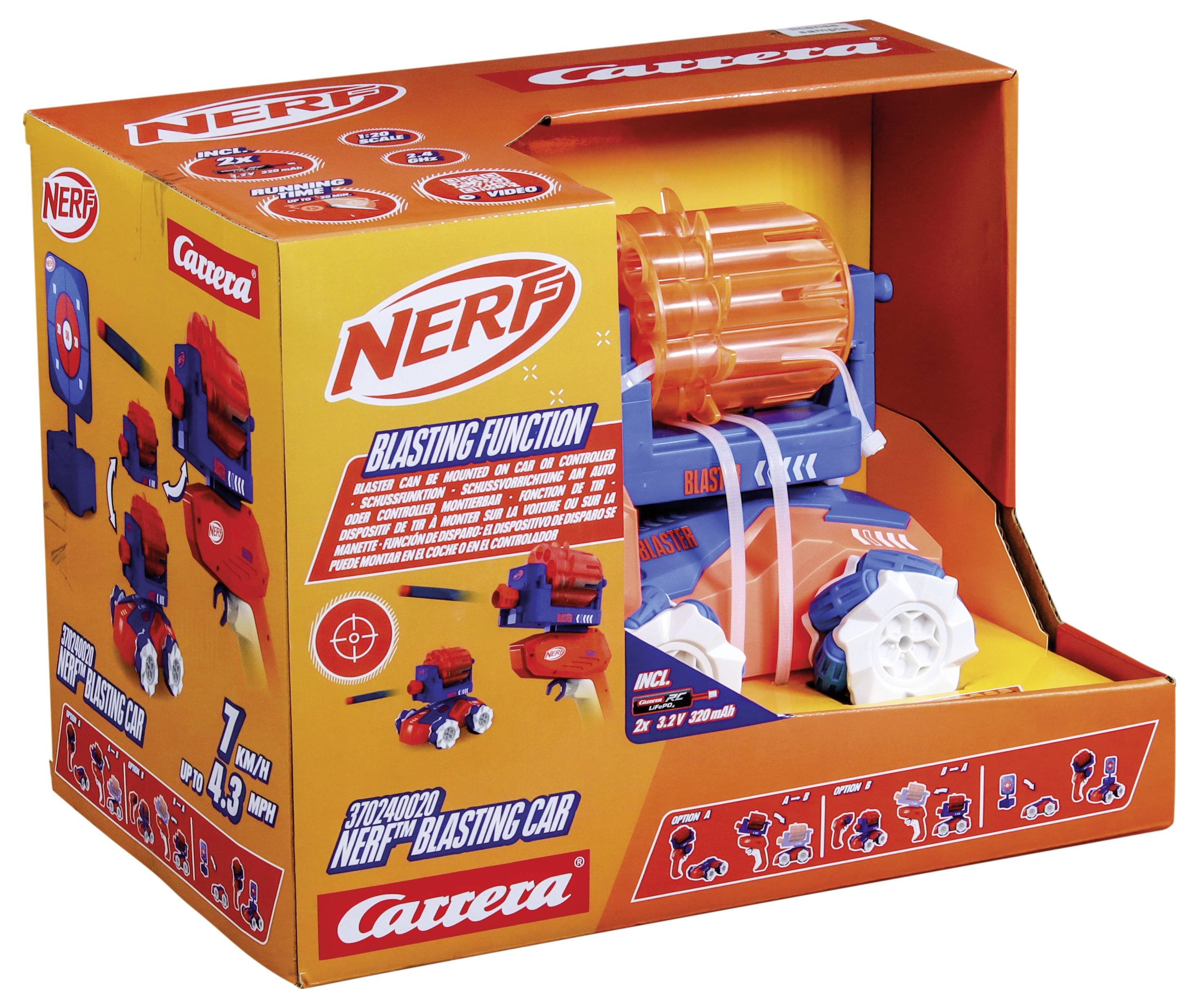 Hračka autíčko 'NERF Blasting Car' v oranžovo-červeném obalu s obrázky auta a funkcí střelby. Obsahuje auto a projektily.