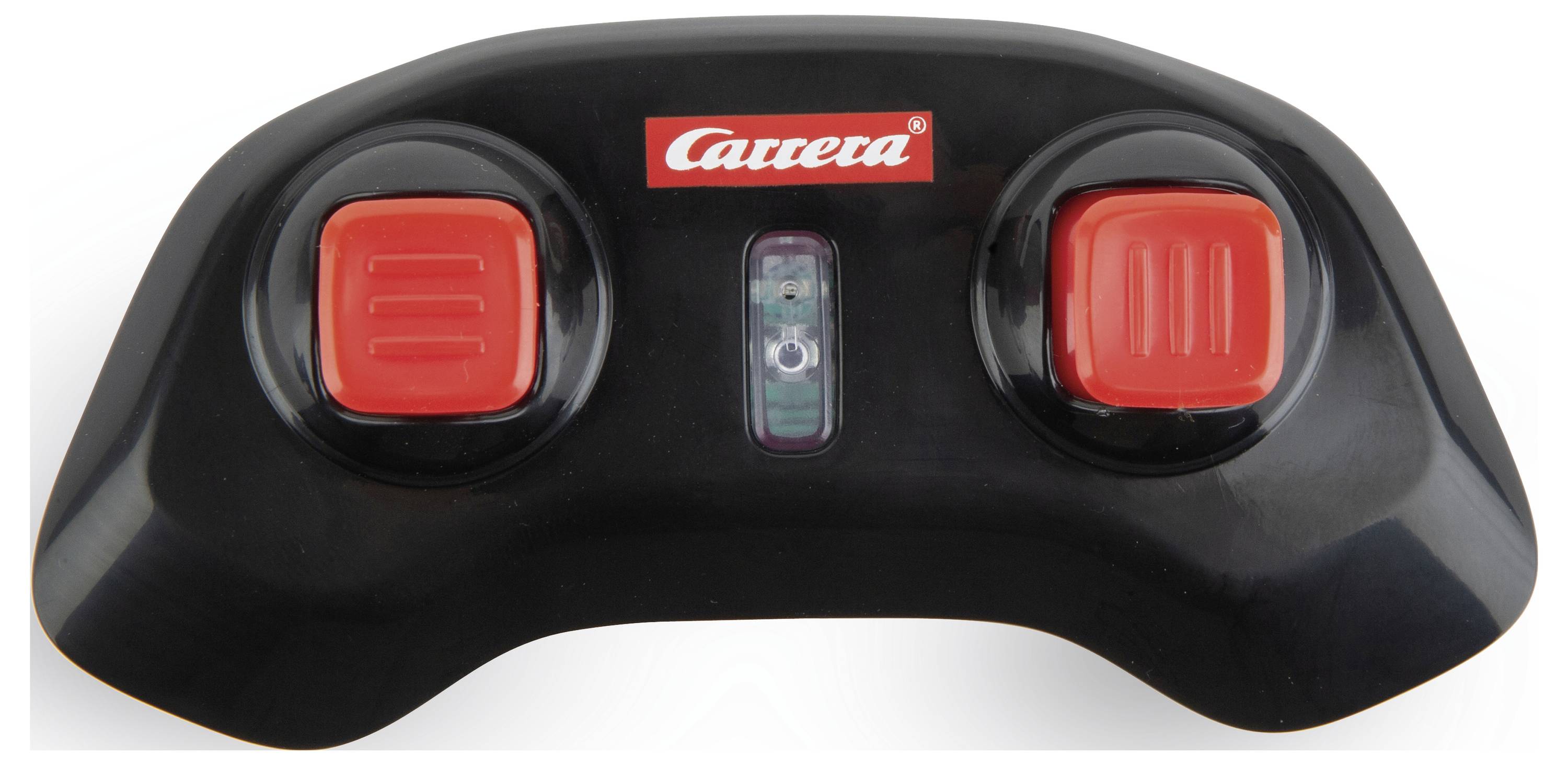 Černočervené dálkové ovládání se dvěma červenými tlačítky a malým centrálním přepínačem, které nese logo 'Carrera'.