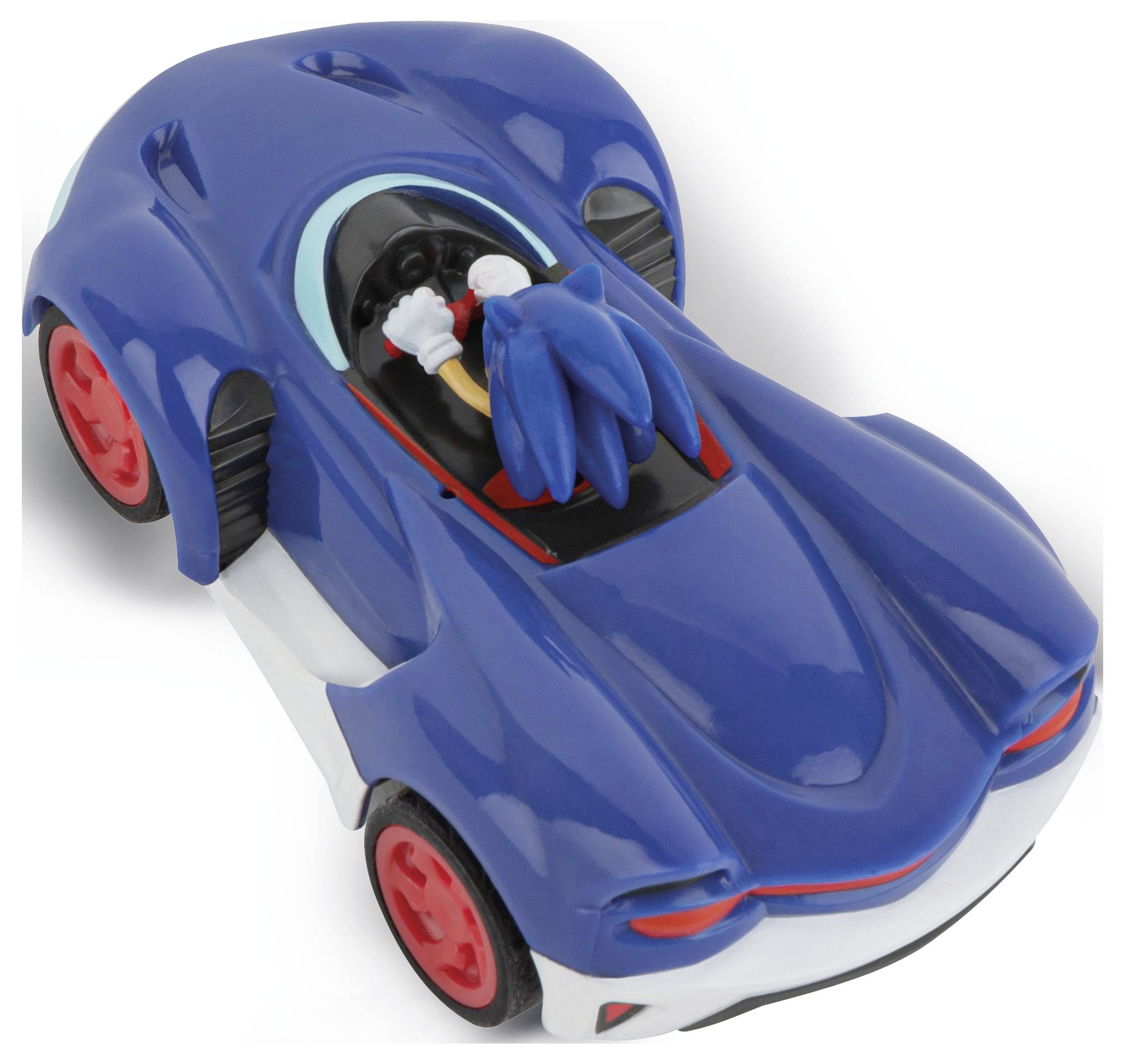 Modré hračkové auto s červenými koly a malou modrou figurkou sedící vzadu. Auto má sportovní design.