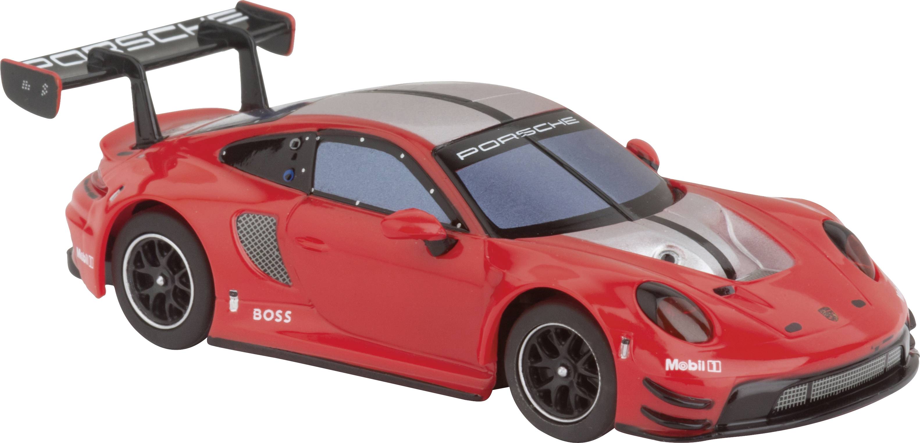 Červené hračkářské auto s logem Porsche, aerodynamickým designem a zadním křídlem.