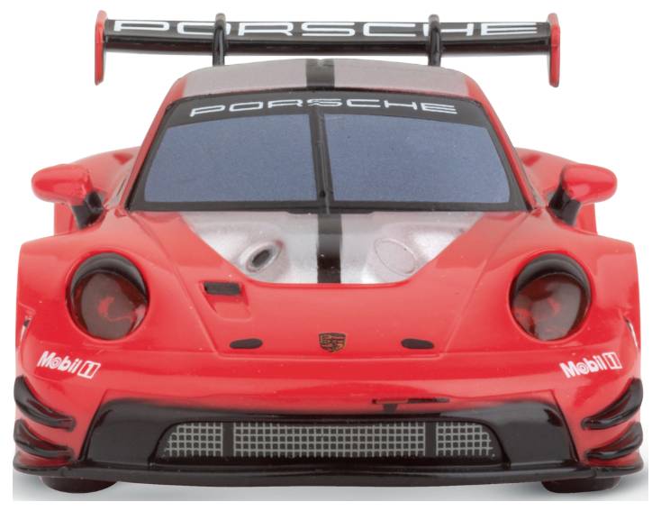 Červené hračkové autíčko s logem Porsche na kapotě a zadním spoileru, černé akcenty, uzavřená okna.