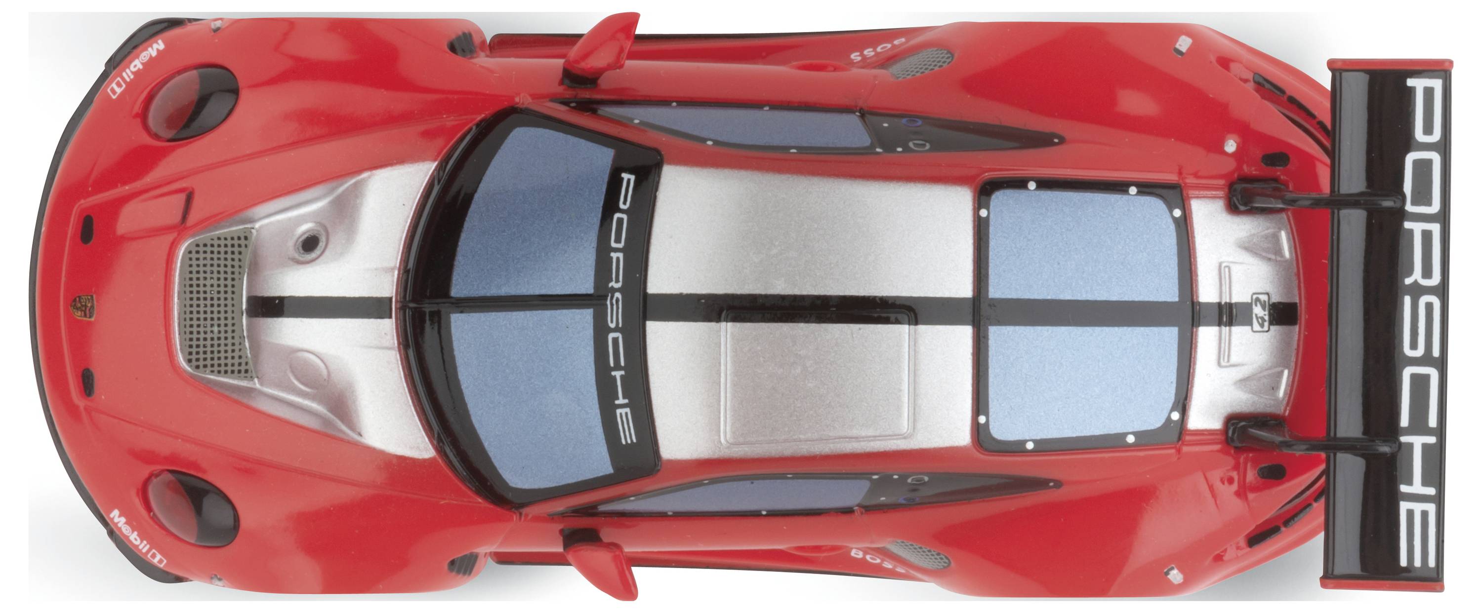 Červené modelové auto shora, s nápisem 'Porsche'. Závodní pruhy uprostřed, spoiler vzadu.