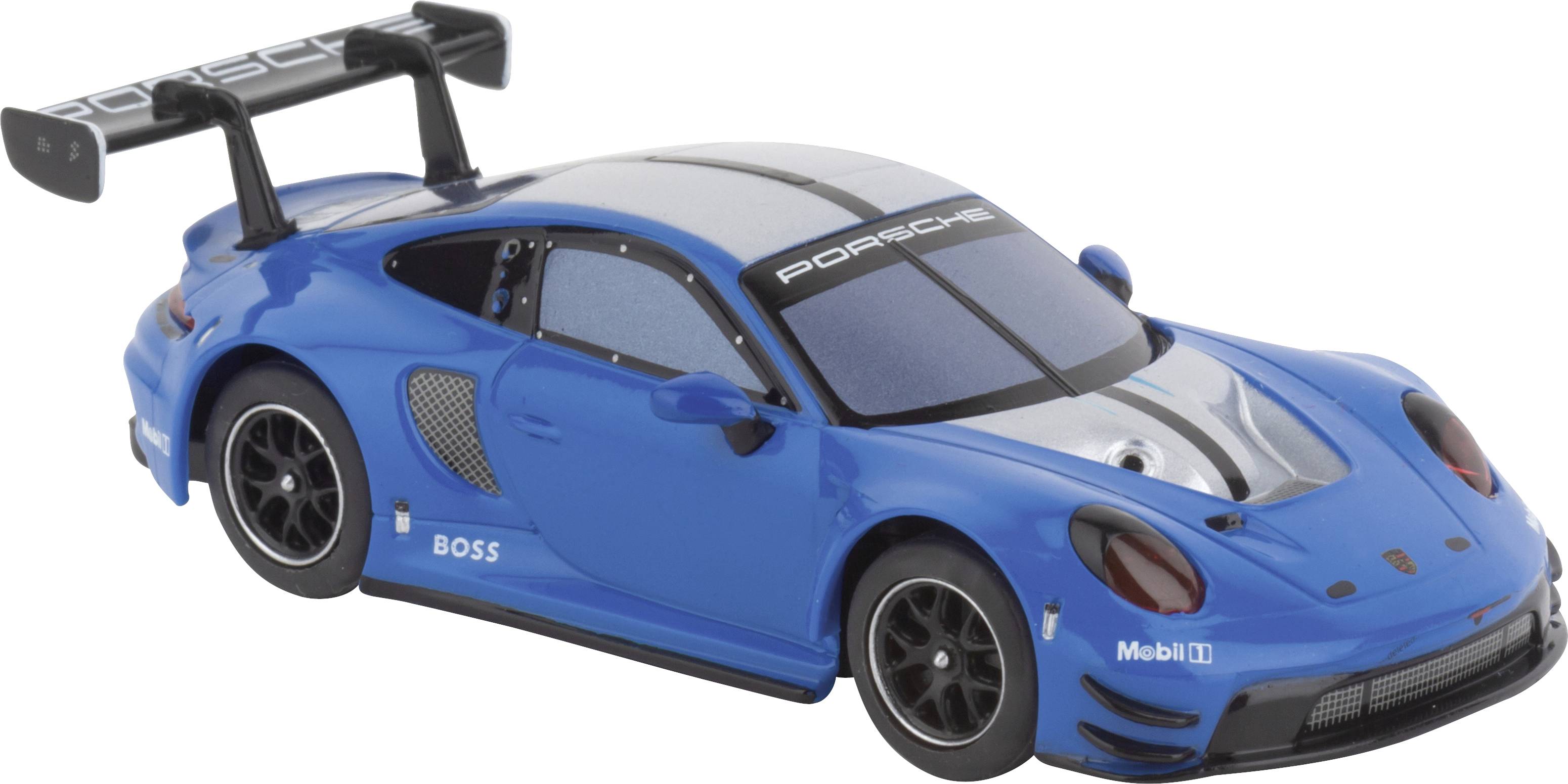 Modré hračkářské auto ve stylu závodního vozu se zadním spoilerem, bočními ventilačními otvory a nápisem 'Porsche'.