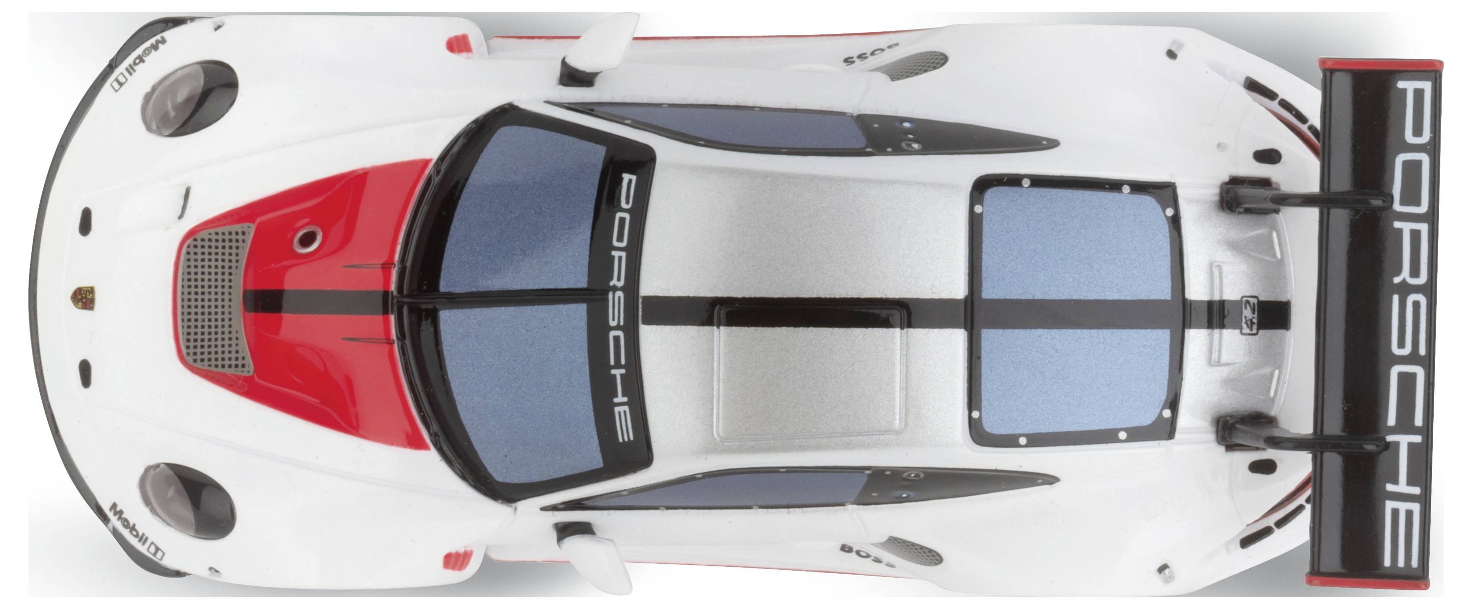 Bílý a červený závodní vůz pohledem shora, s nápisem 'Porsche' na střeše a zadním křídle.