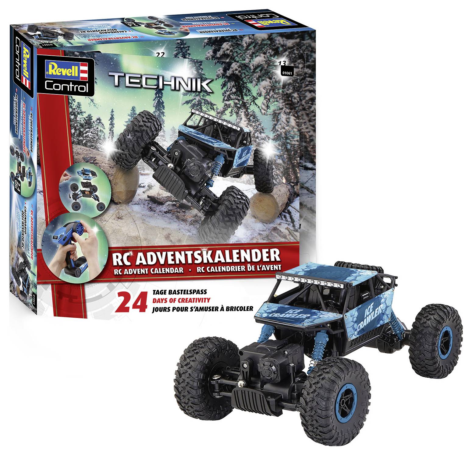 RC Adventní kalendář: 24 dní tvoření s radostí. Obrázek ukazuje balení s rádiem řízeným teréňákem ve sněhu.