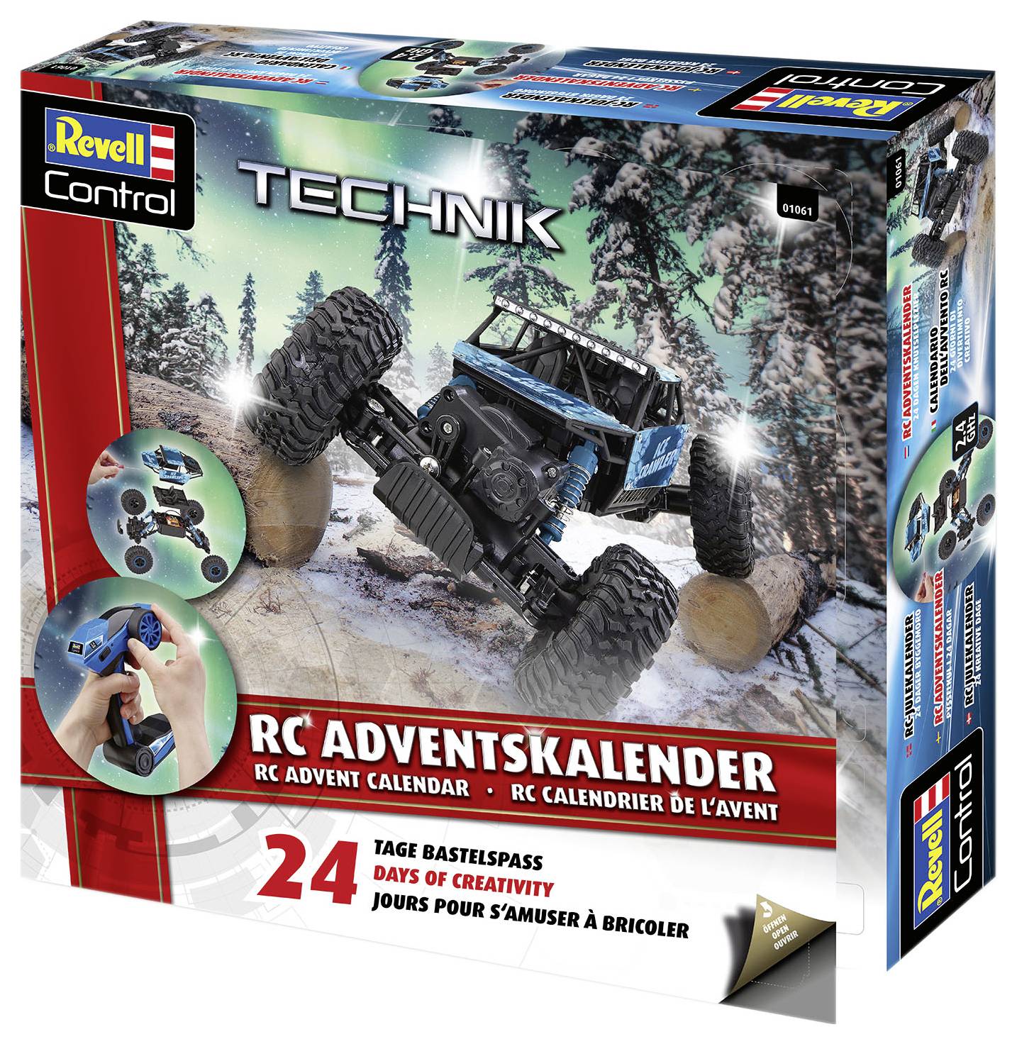 'Revell Technik RC Adventní kalendář' ukazuje dálkově ovládané auto, otevřený terén, 24 dní zábavy s modelařením, pro kreativní využití volného času.