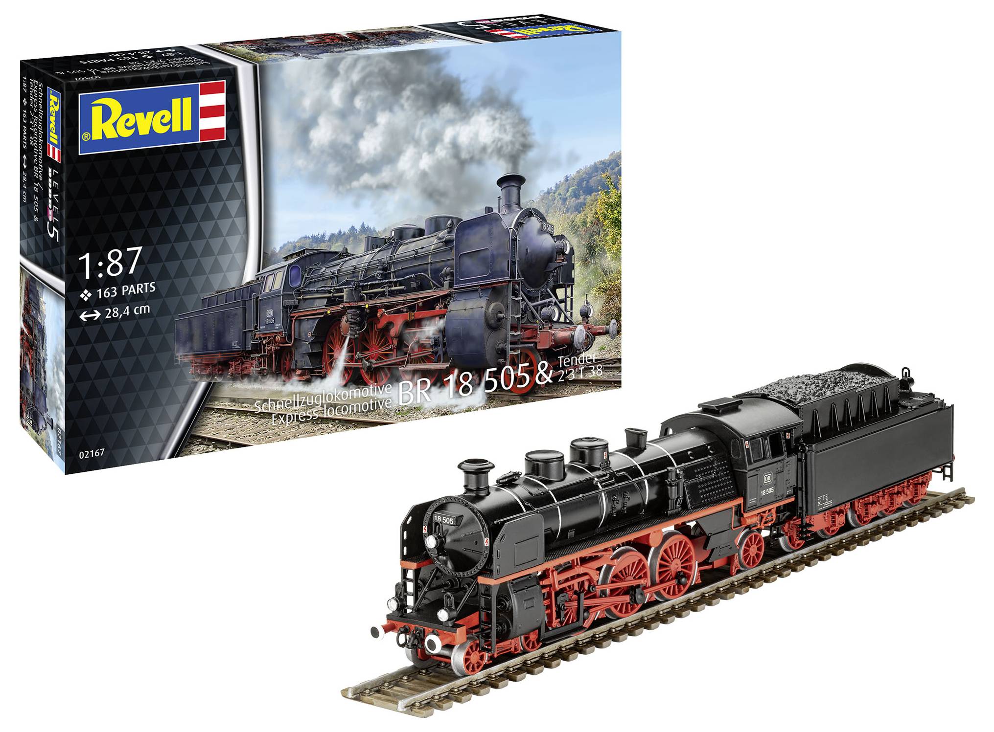 Model parní lokomotivy BR 18 505 od firmy Revell v měřítku 1:87. Zobrazená lokomotiva je v černočervené barvě s detailními prvky.