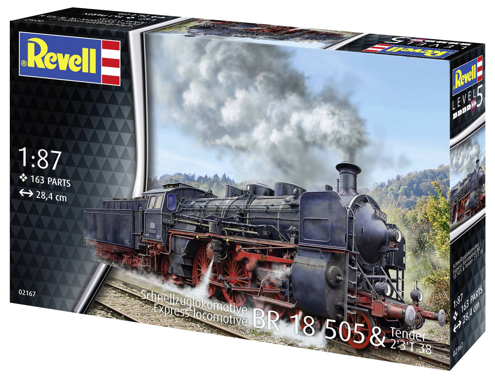 Model parní lokomotivy BR 18 505 včetně tendru od firmy Revell, měřítko 1:87, obsahuje 163 dílů, délka 28,4 cm.