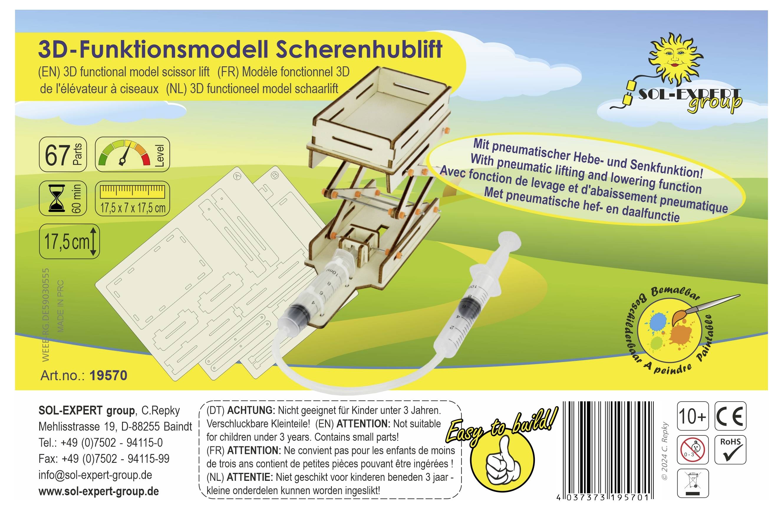 Štítek 3D-funkčního modelu nůžkového zvedáku se vzduchovým vstřikovačem. Obsahuje detaily výrobce a pokyny.