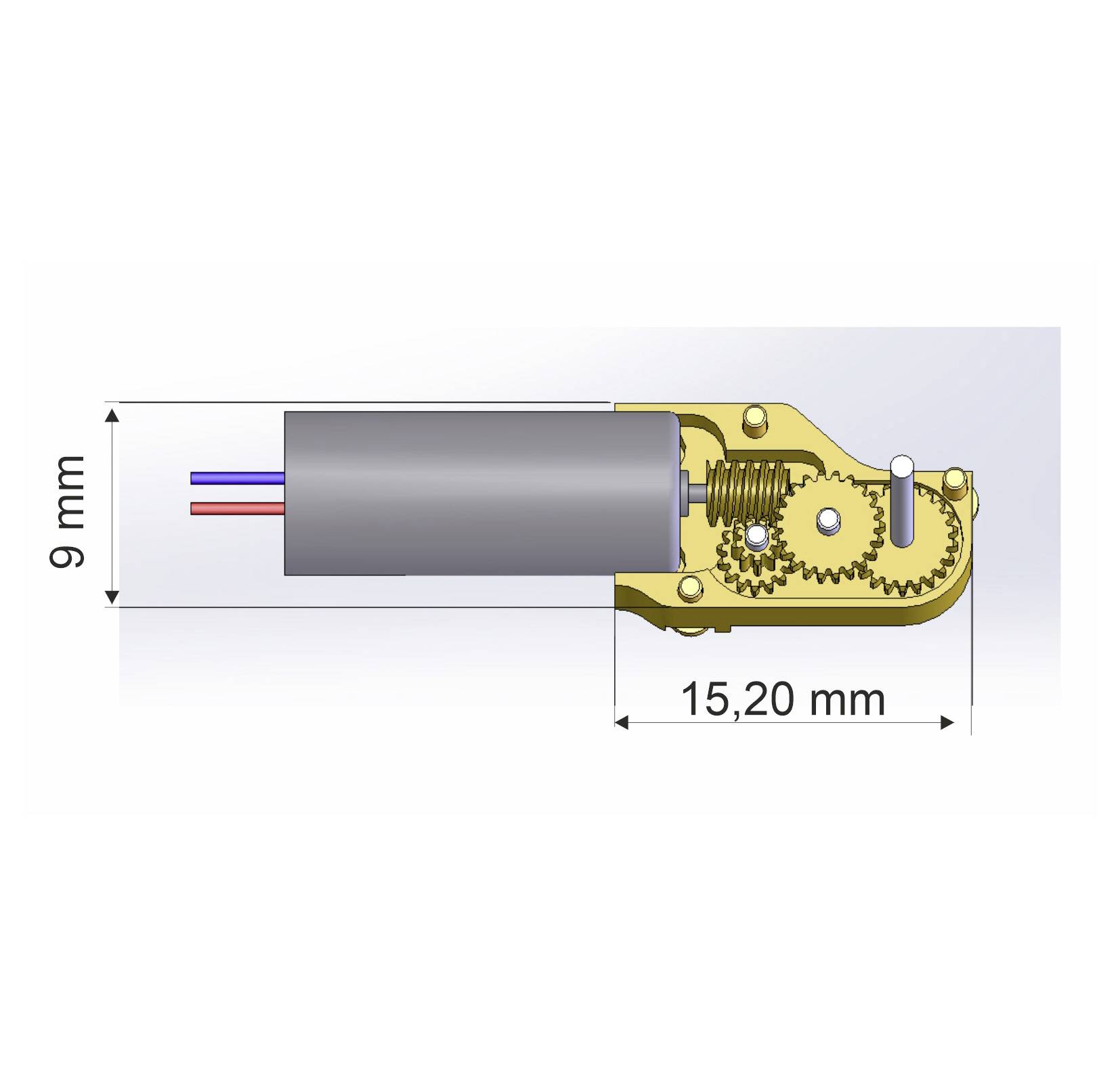 Technický výkres motoru se soukolím. Vnější rozměry: 9 mm výška, 15,20 mm šířka. Zobrazuje vnitřní mechanismus a kabelové přípojky.