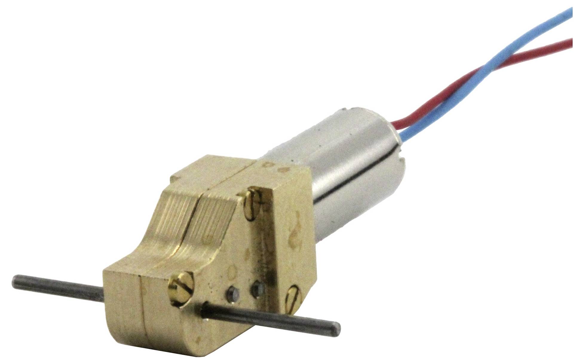 Malý elektromotor se zlatě zbarveným převodem a modrými a červenými napájecími kabely.